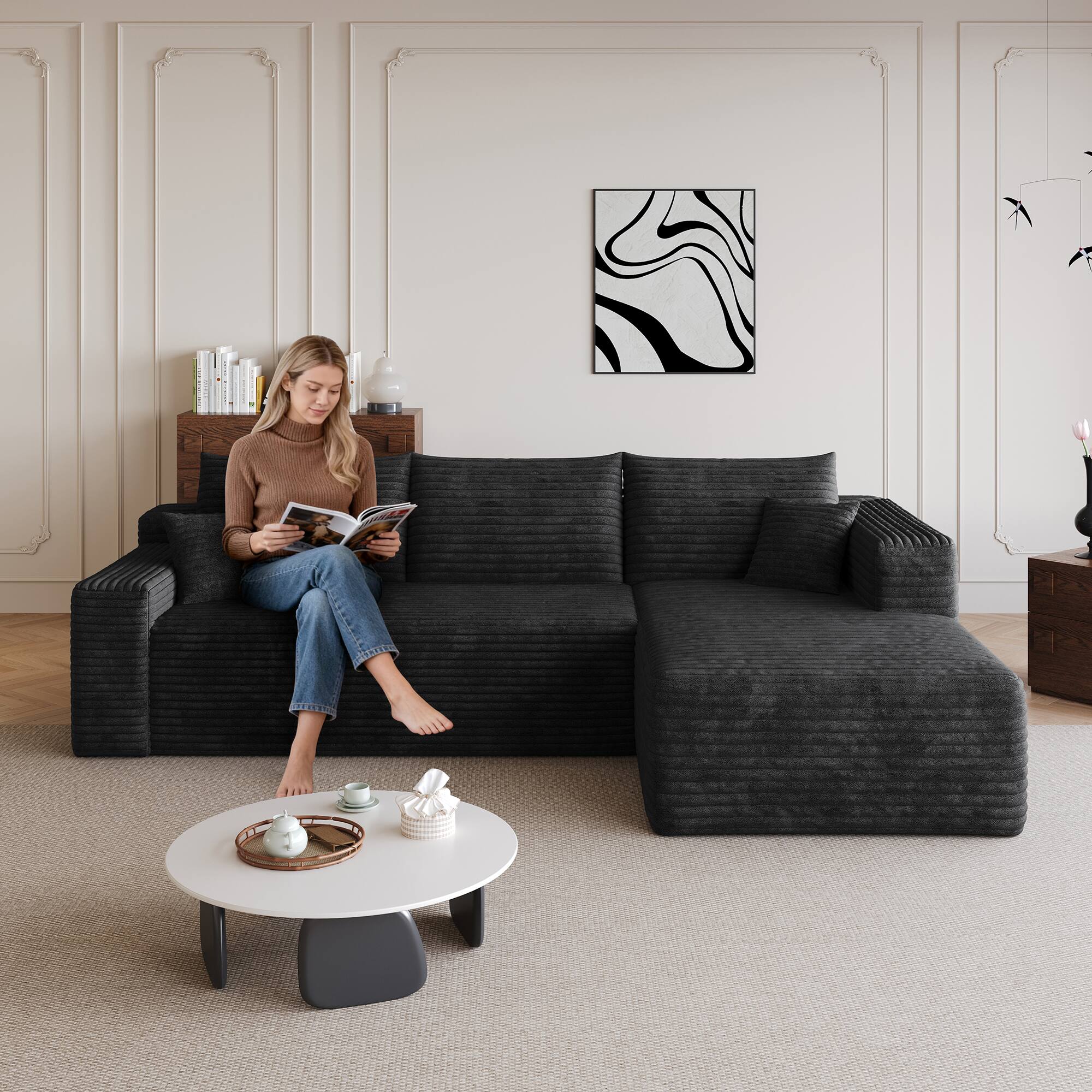 Alt View 3. Meqiodas - 95" Sectional Sofa with L-Shape Lounge,Soft Corduroy Modular Couch for Living Room, Deep Seat Corner Couch, No Assembly - Black.