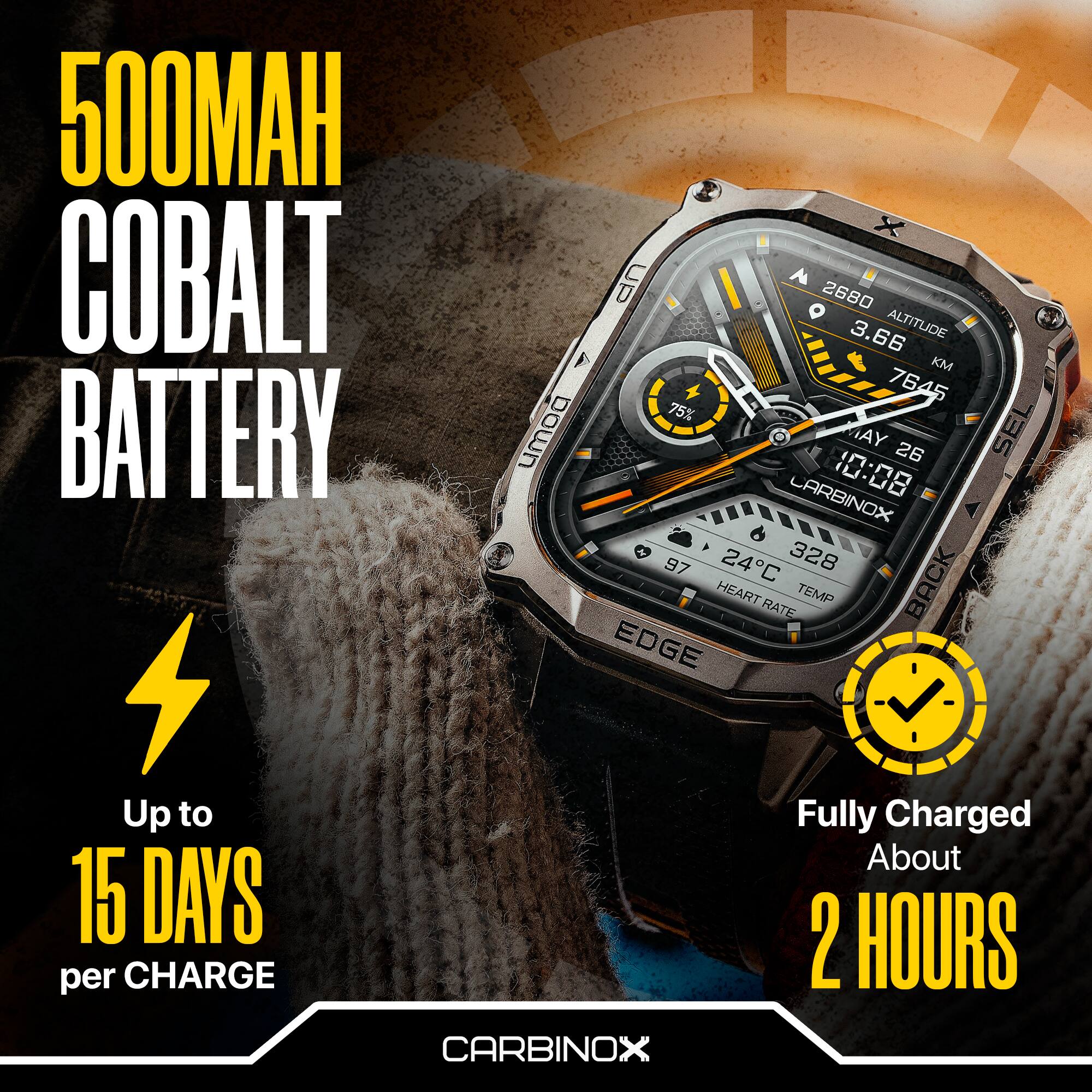500mAh Cobalt Battery

Up to 15 Days per Charge

Fully Charged About 2 Hours
