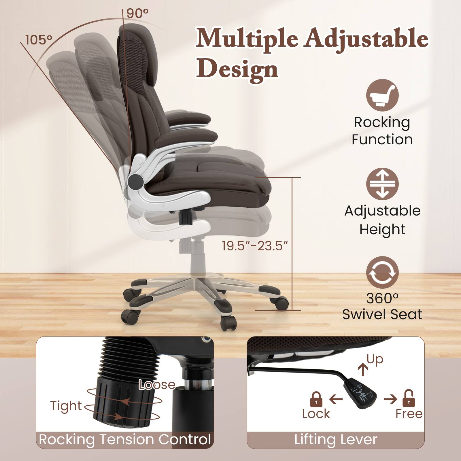 The image features a chair with a rocking function and adjustable height. It is designed with multiple adjustable features, including a tight and loose control for the rocking tension and a lock-up free option. The chair also has a 360 swivel seat, allowing for easy movement and comfort. The image is accompanied by a diagram that shows the dimensions and measurements of the chair, making it easier for potential buyers to understand its size and features.