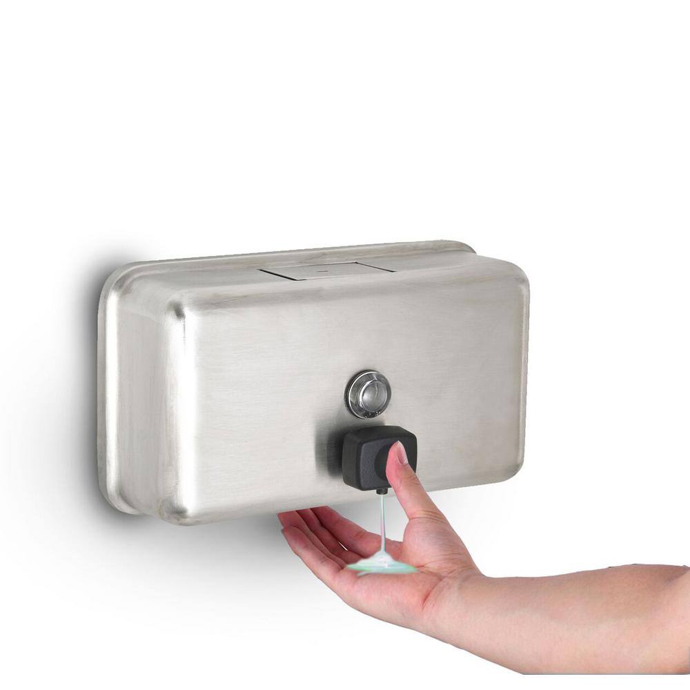 Angle. Alpine Industries - 40 oz Stainless Steel Horizontal Manual Surface-Mounted Liquid Soap Dispenser - Stainless Steel.