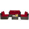 Front. Costway - 5PCS Patio Rattan Furniture Set Cushioned Sofa Chair Coffee Table - Red.