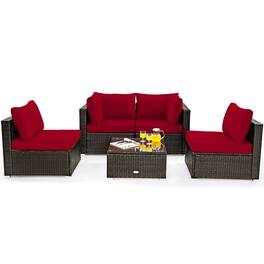 Costway - 5PCS Patio Rattan Furniture Set Cushioned Sofa Chair Coffee Table - Red
