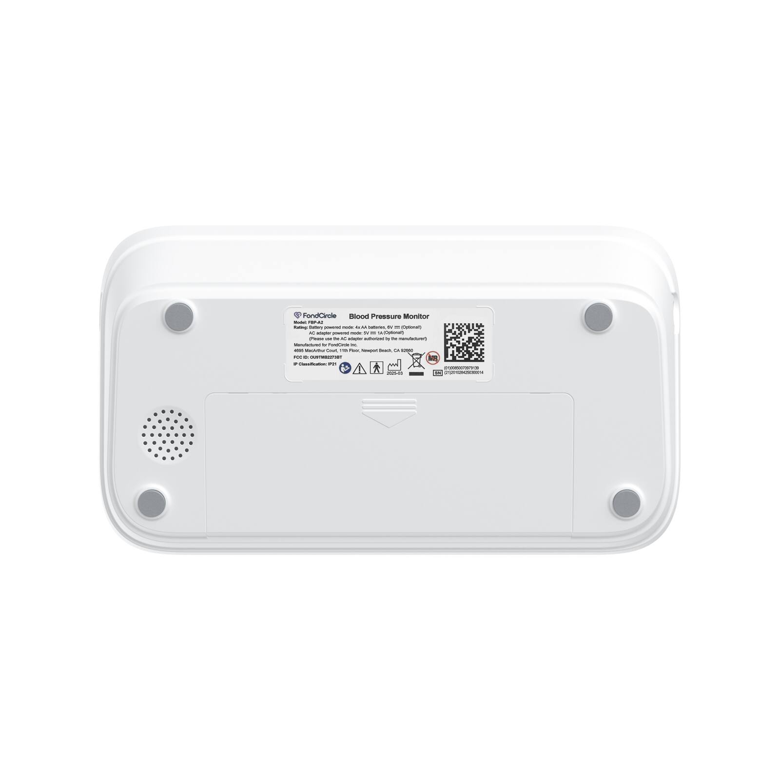 FondCircle Blood Pressure Monitor  
Model: FIB-01  
Made in China  
AC adapter power mode: 110V/220V (Optional)  
Please use the AC adapter authorized by the manufacturer.  
Manufactured for FondCircle Inc.  
Imported by FondCircle Inc.  
FC: C0193181  
Class IIa  
2025-00  
2020-20200004