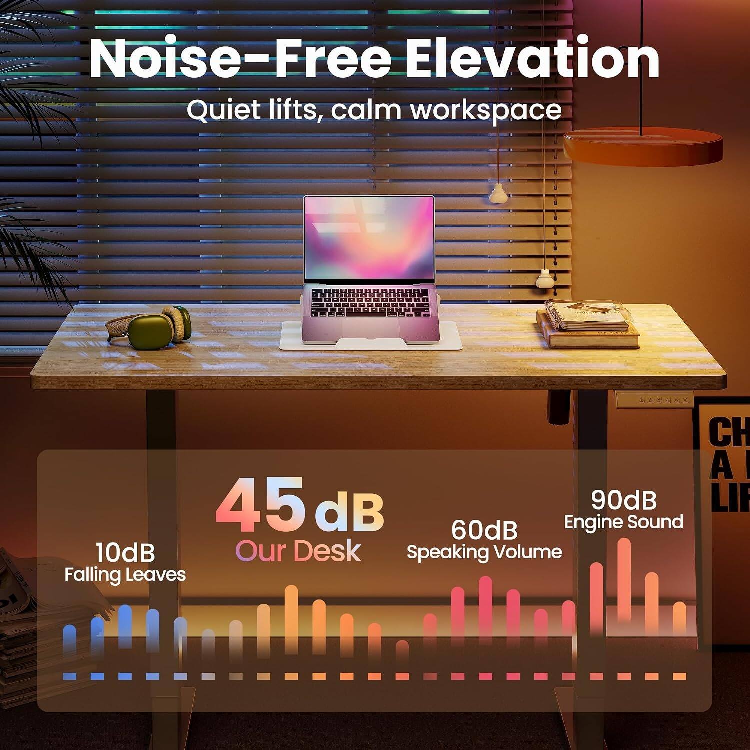 Noise-Free Elevation  
Quiet lifts, calm workspace

---

45 dB  
Our Desk

---

10dB  
Falling Leaves

---

60dB  
Speaking Volume

---

90dB  
Engine Sound