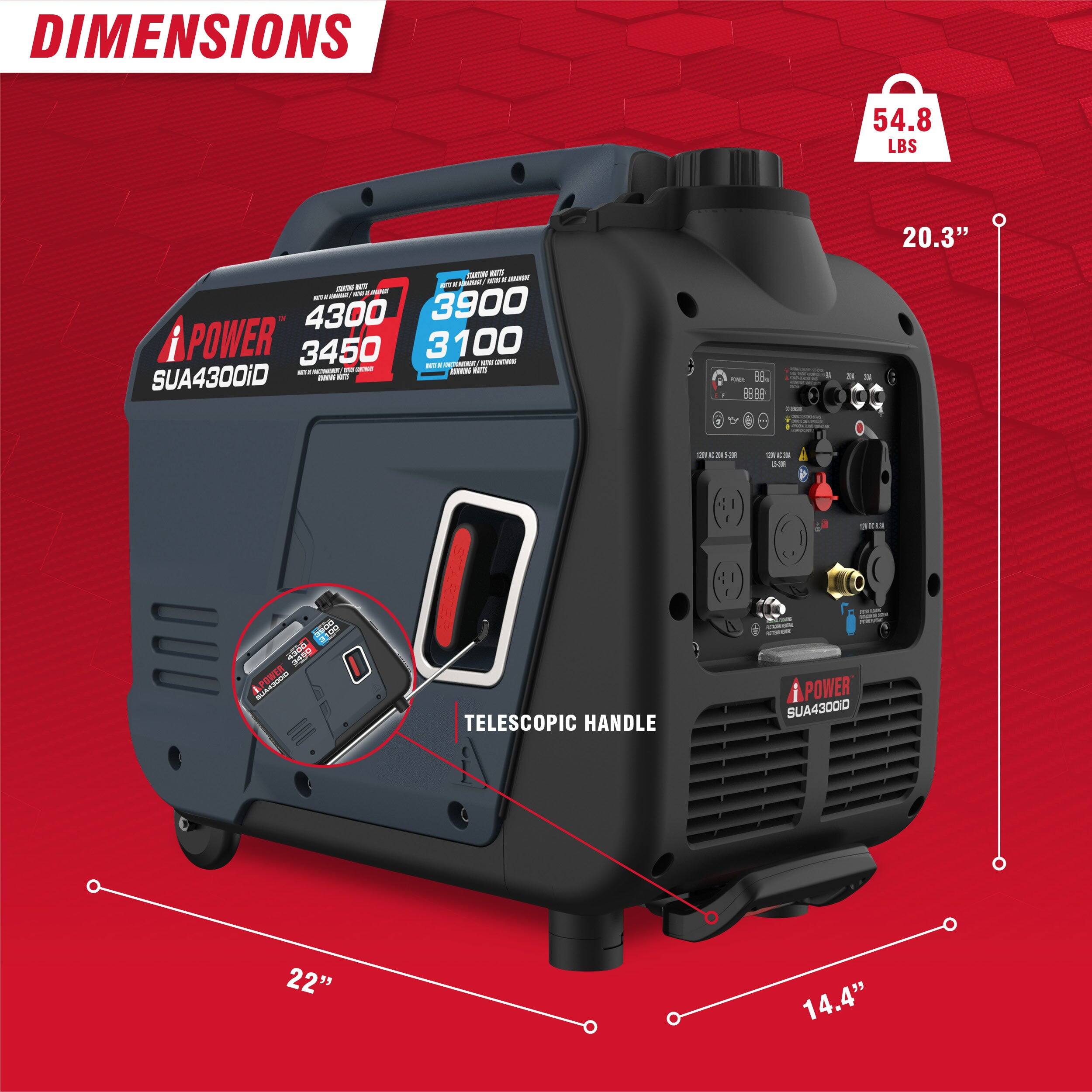 DIMENSIONS  
54.8 LBS  
20.3"  
22"  
14.4"  

POWER  
4300  
3900  
3450  
3100  

SUA4300iD  

TELESCOPIC HANDLE