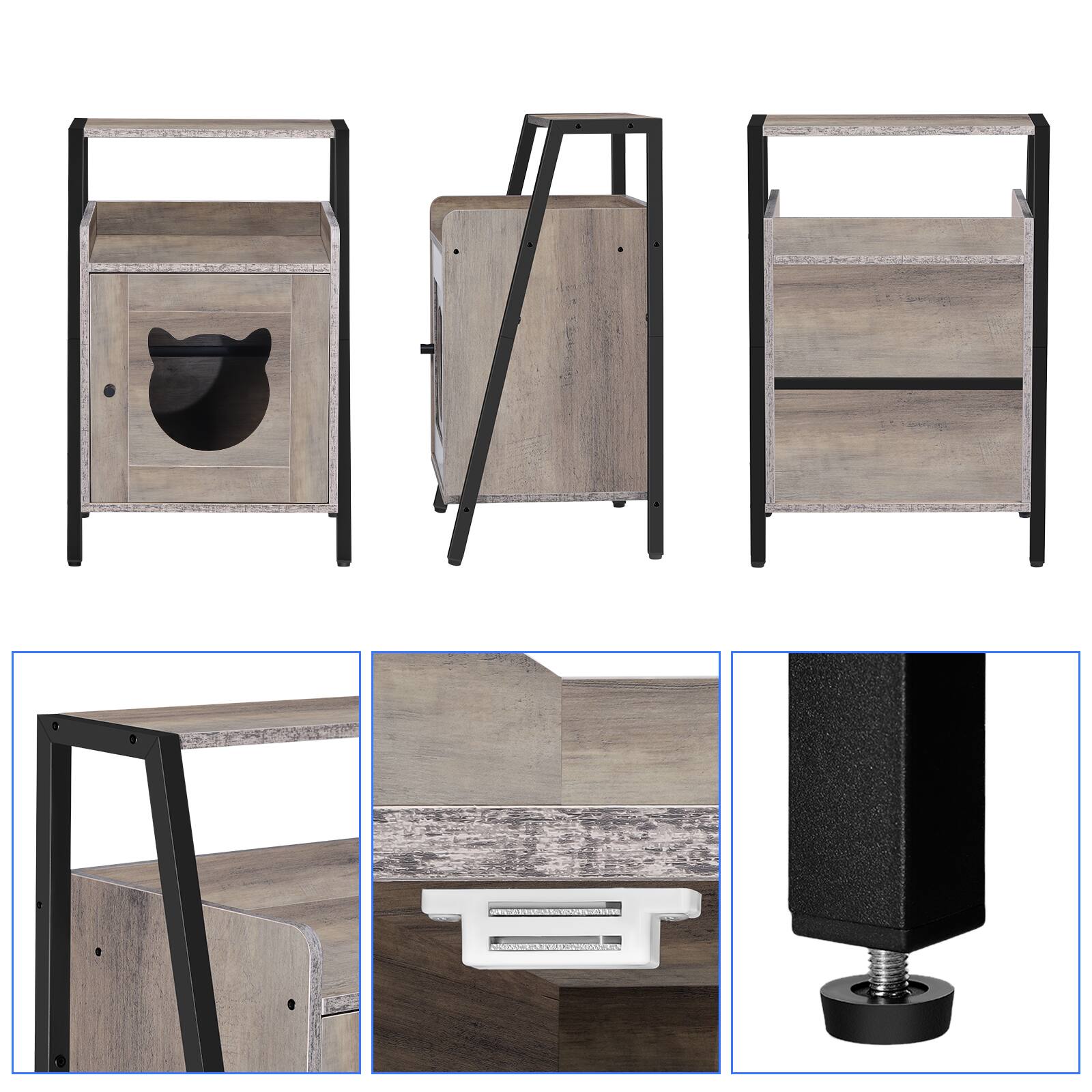 Left. Oumilen - Grey Wood Cat House Nightstand, Multi-Purpose Pet Side Table with Storage Shelf - Grey.
