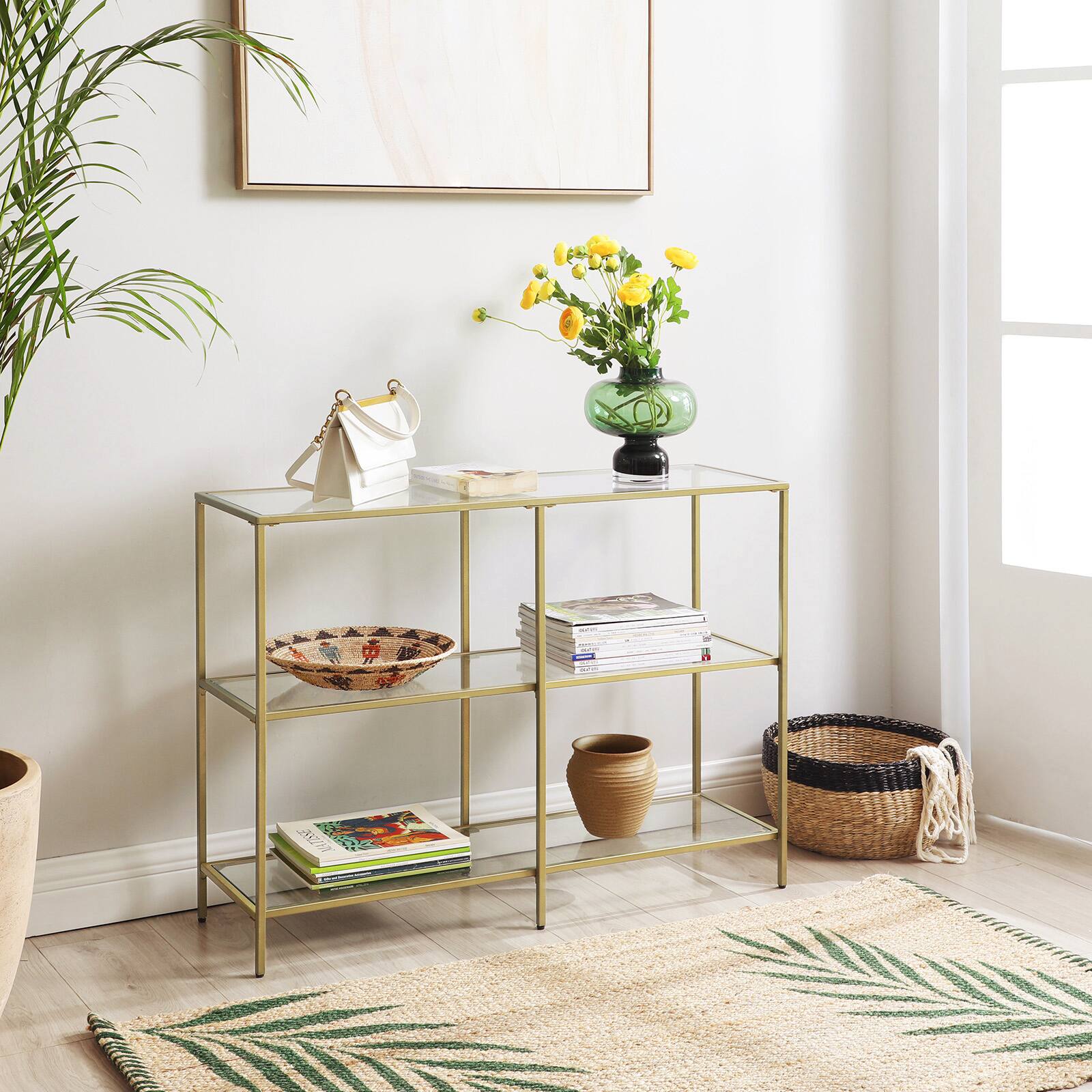Back. Songmics Home - 39.4 Inch Console Table with 3 Shelves, Sofa Table, Entryway Table, Metal Frame, Tempered Glass Shelf, Modern Style - Metallic Gold and Transparent.
