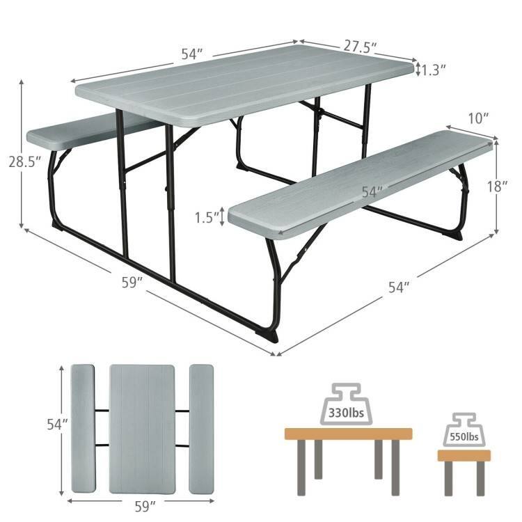 - Table dimensions: 54" x 27.5" x 1.3"
- Bench dimensions: 54" x 18" x 1.5"
- Overall dimensions: 59" x 28.5" x 10"
- Seat dimensions: 54" x 59"
- Weight capacity: 330 lbs (table) and 550 lbs (bench)