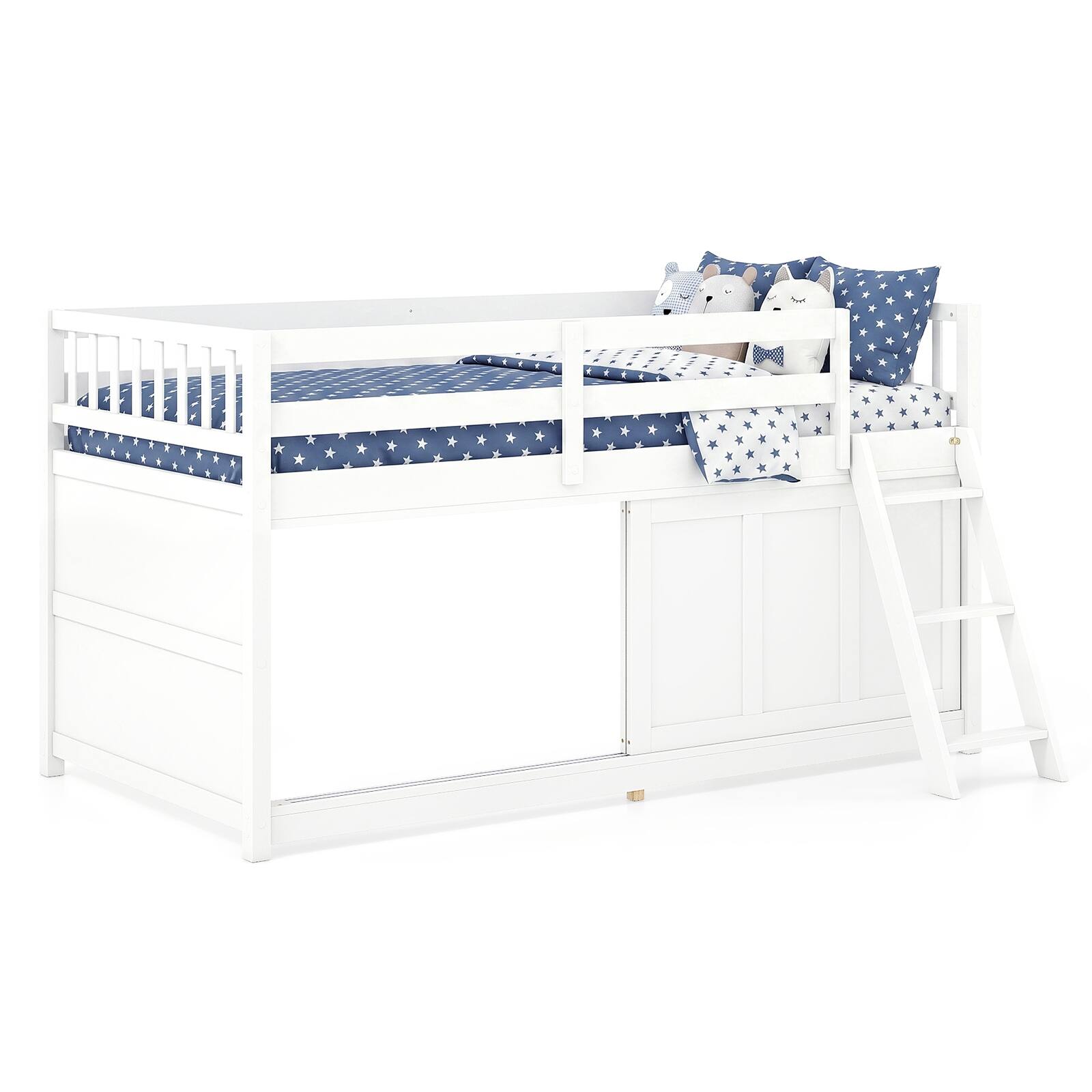 Costway - Twin Size Loft Bed with Aluminum Sliding Door,Spacious Under-Bed Space, Guardrails - White