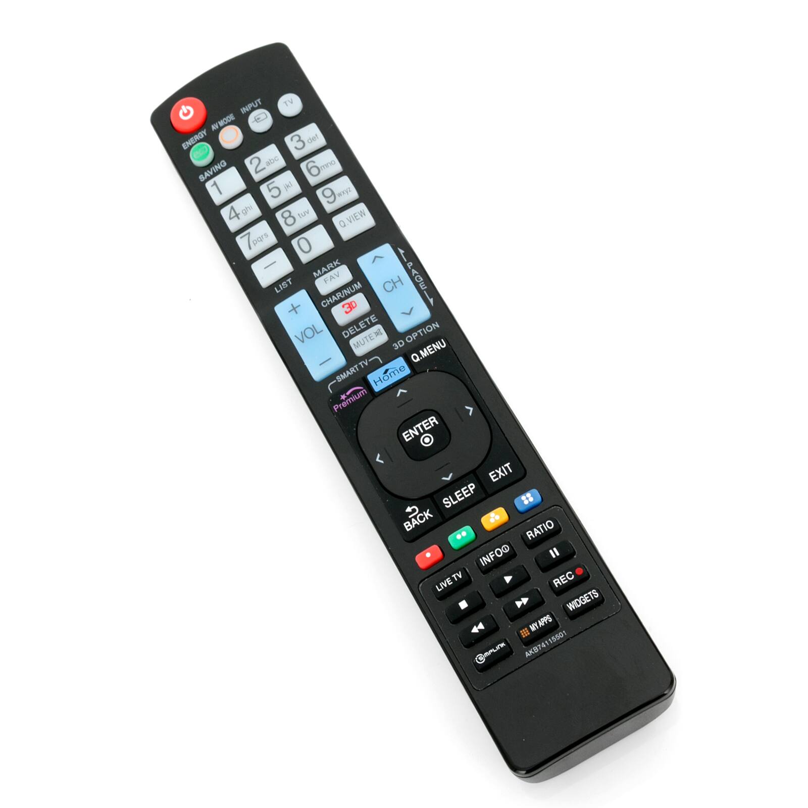 INPUT TV NY MODE ENERGY 3 del 2 abc 6 mno SAVING 1 jkl 5 9 wxyz 4 ghi 8 tuv Q.VIEW sibd 0 | MARK P LIST FAV CH AGE + CHAR/NUM 3D VOL DELETE MUTE 3D OPTION Q.MENU SMART TV Home Premium ENTER EXIT SLEEP BACK RATIO INFO@ II TV REC LIVE WIDGETS MY APPS 15501 @APLINK AKB741