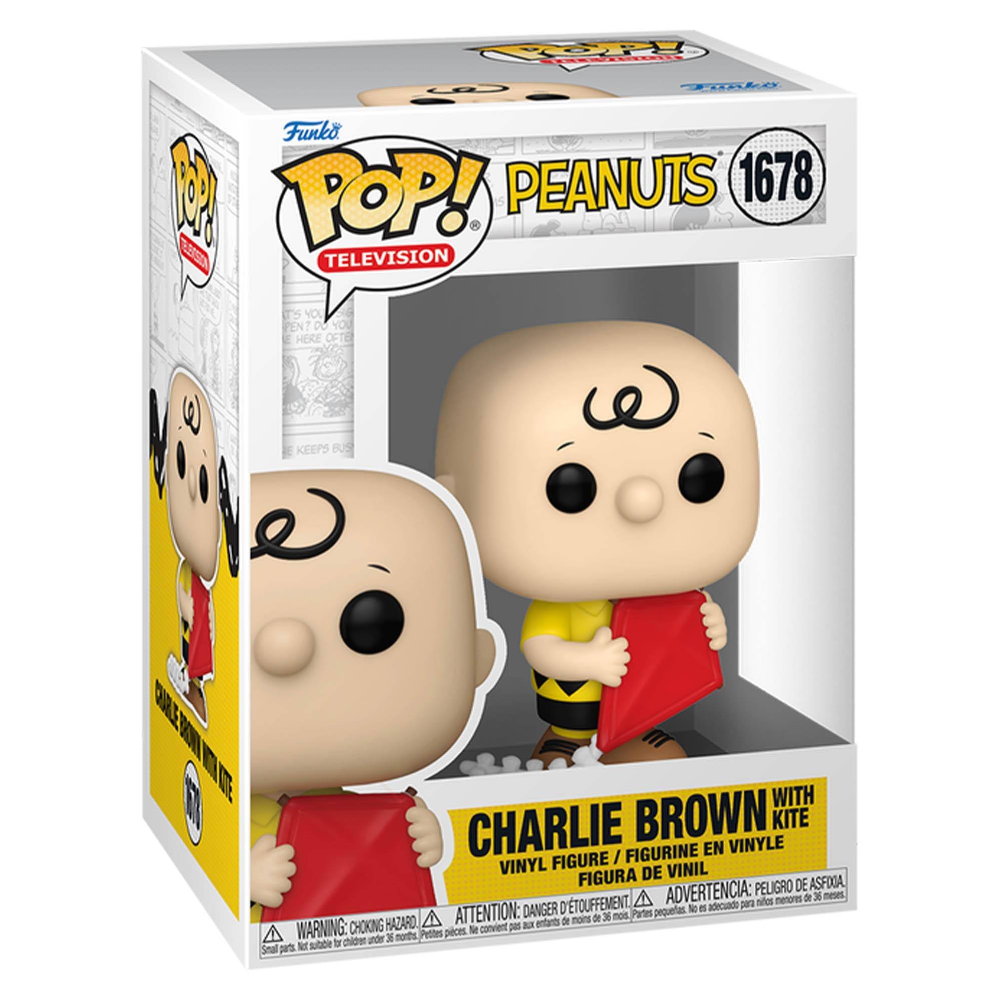 Sure, here is the corrected and grouped text from the image:

---

**Front:**
- **Funko POP!**
- **TELEVISION**
- **PEANUTS 1678**
- **CHARLIE BROWN WITH KITE**
- **VINYL FIGURE / FIGURINE EN VINYLE / FIGURA DE VINIL**

**Warning:**
- **WARNING: CHOKING HAZARD - Small parts. Not for children under 3 years.**
- **ATTENTION: DANGER DE TOUFFEMENT - Petites pièces. Ne convient pas aux enfants de moins de 3 ans.**
- **ADVERTENCIA: PELIGRO DE ASFIXIA - Piezas pequeñas. No es adecuado para niños menores de 3 años.**

**Side:**
- **Funko POP!**
- **TELEVISION**
- **CHARLIE BROWN WITH KITE**
- **KEEPS BUSY HERE OFTEN**

**Bottom:**
- **Funko POP!**
- **CHARLIE BROWN WITH KITE**
- **VINYL FIGURE / FIGURINE EN VINYLE / FIGURA DE VINIL**
- **WARNING: