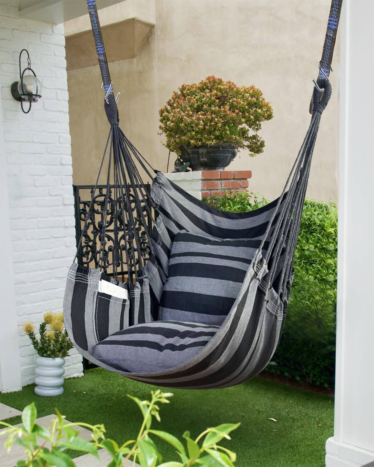 Left. JETRANSPORT - Hammock Chair Hanging Rope Swing 2 Cushions Included-sturdy & Durable Soft Cotton Hand Woven For Bedroom - Dark Green.