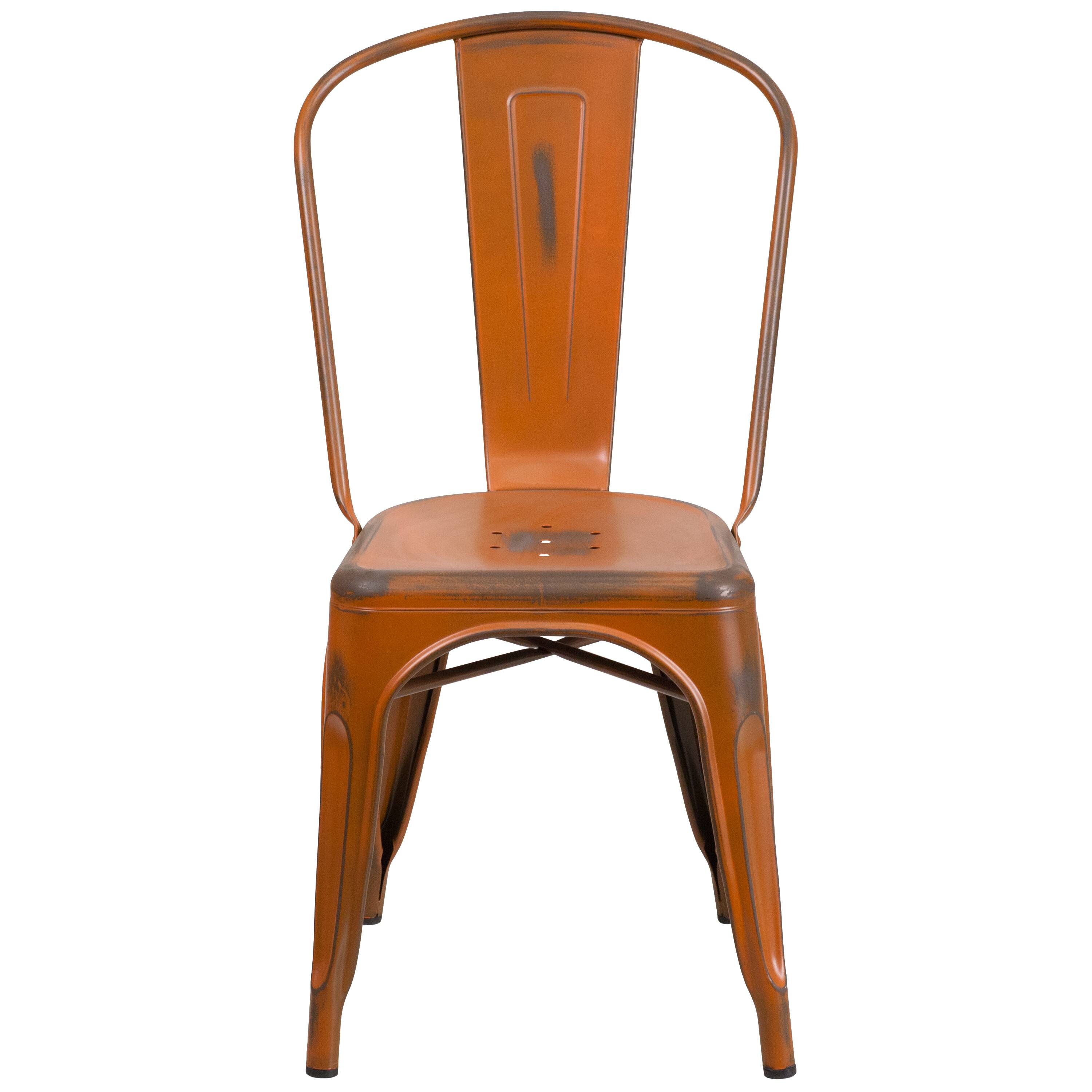 Alt View 7. Emma + Oliver - Commercial Grade 4 Pack Distressed Metal Indoor-Outdoor Stackable Chair - Orange.