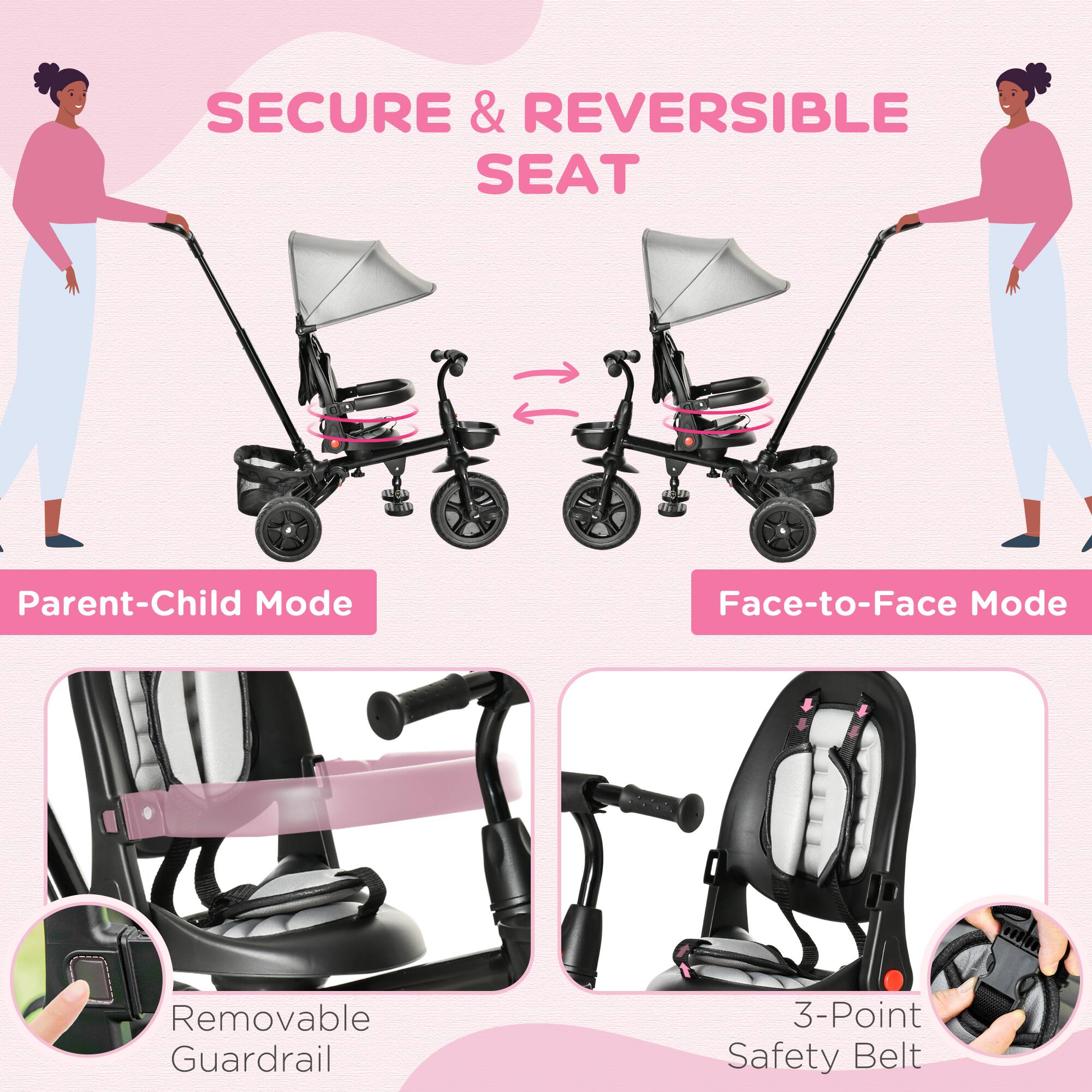 SECURE & REVERSIBLE SEAT

Parent-Child Mode  
Face-to-Face Mode

Removable Guardrail  
3-Point Safety Belt