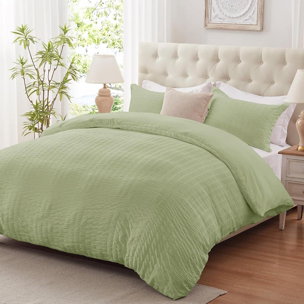 PO3TICJUNKI3 - Duvet Cover Soft Seersucker Set All Seasons Bedding With Zipper Closure And Corner Ties 2 Pillow Cases - Green-Full(80"x90")