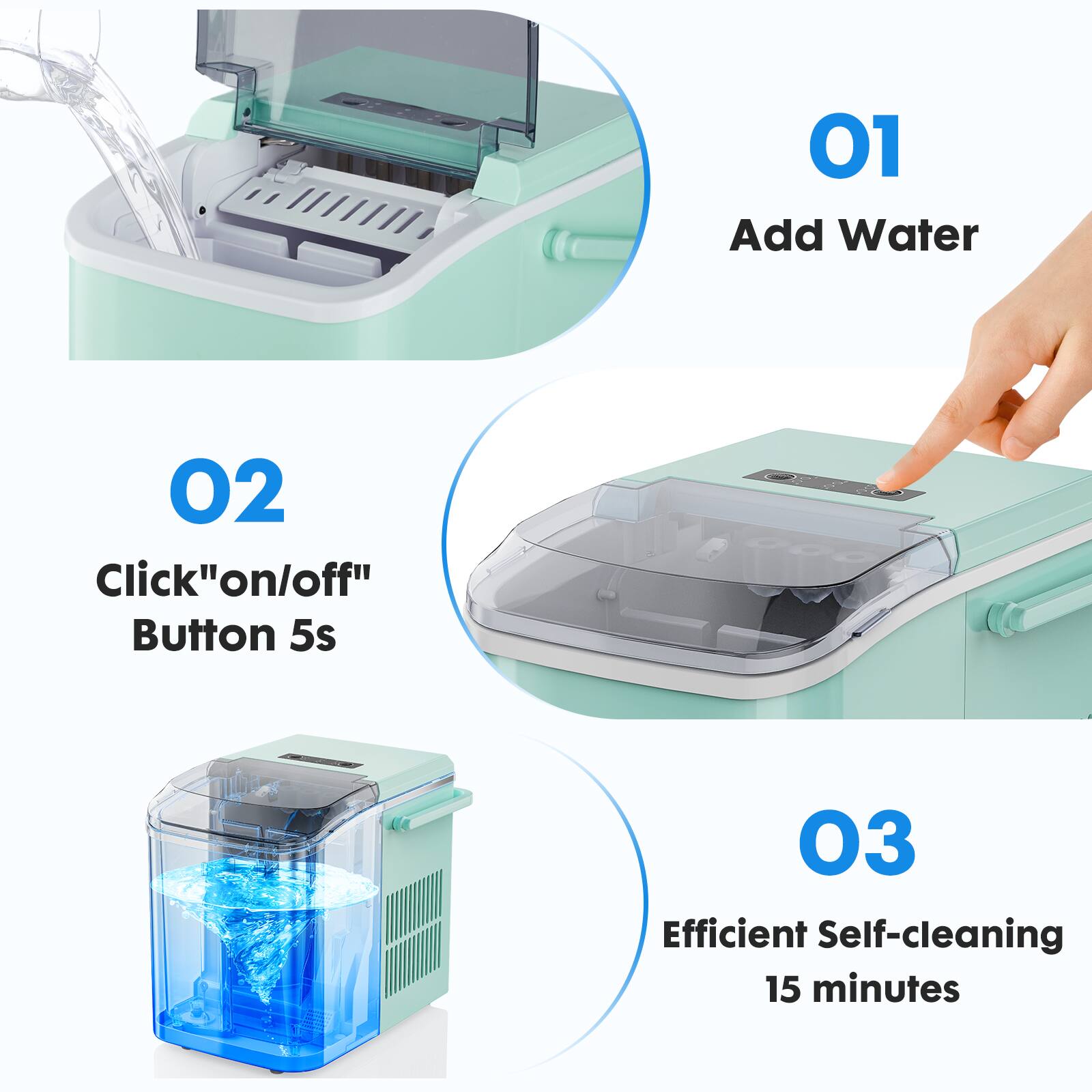 01 Add Water  
02 Click "on/off" Button 5s  
03 Efficient Self-cleaning 15 minutes