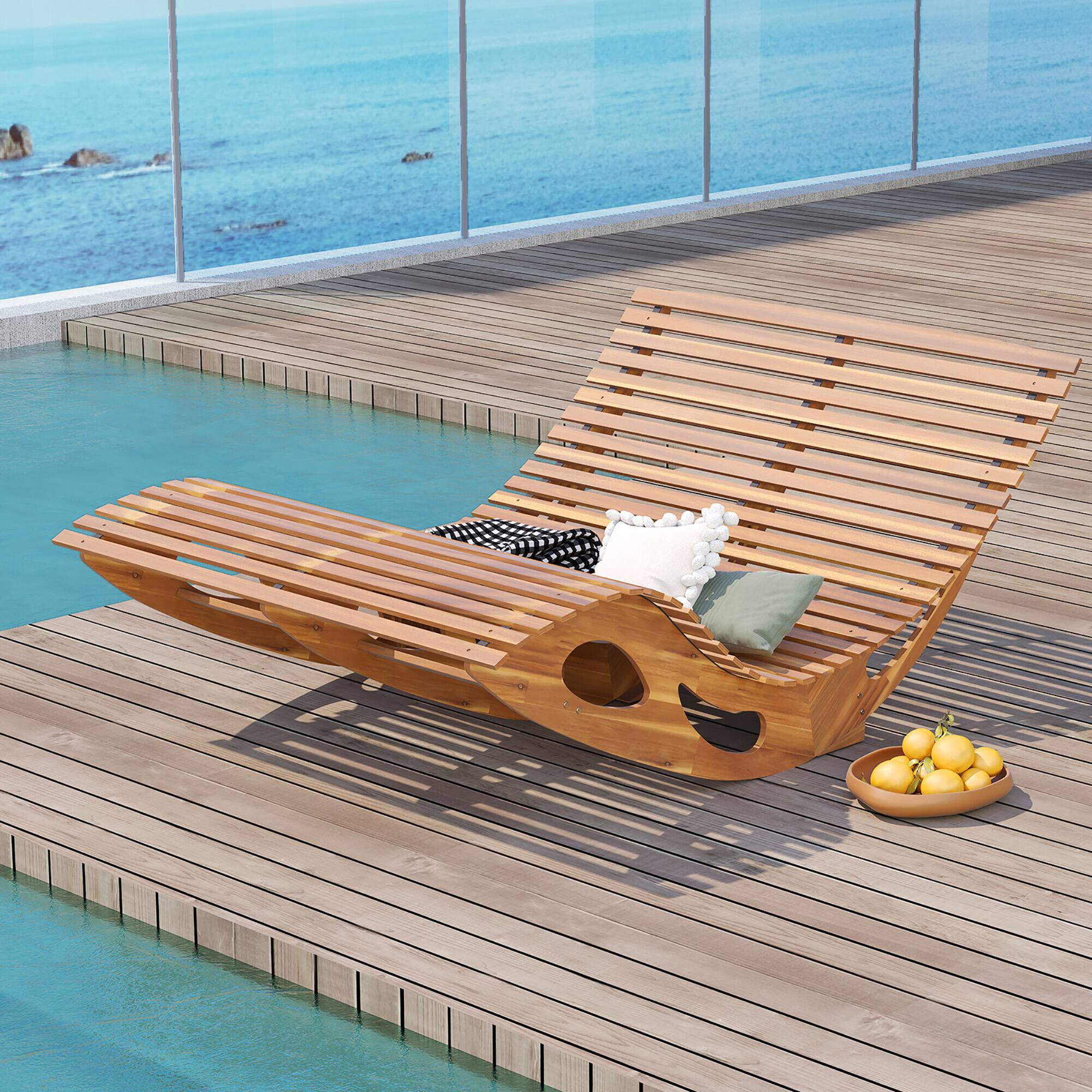 Alt View 3. Gymax - Gymax 2PCS Outdoor Double Chaise Lounge for 2 w/ High Back Slatted Seat Stopper Patio - Natural.