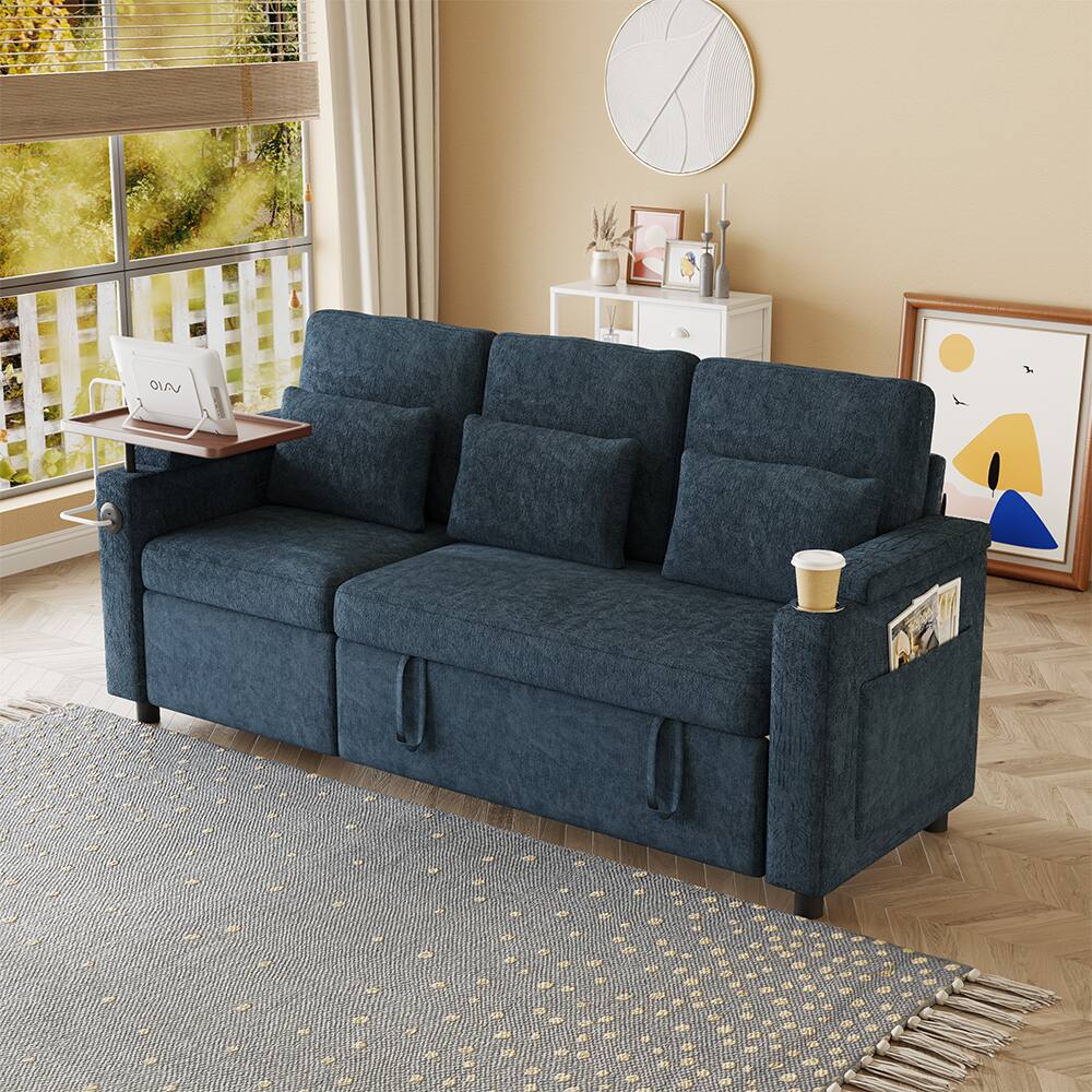 Left. Anysun - 83" Chenille Fabric Foldable Sofa Bed with Electric Recliner, Adjustable Backrest, Table Board, Armrest Storage - Blue.