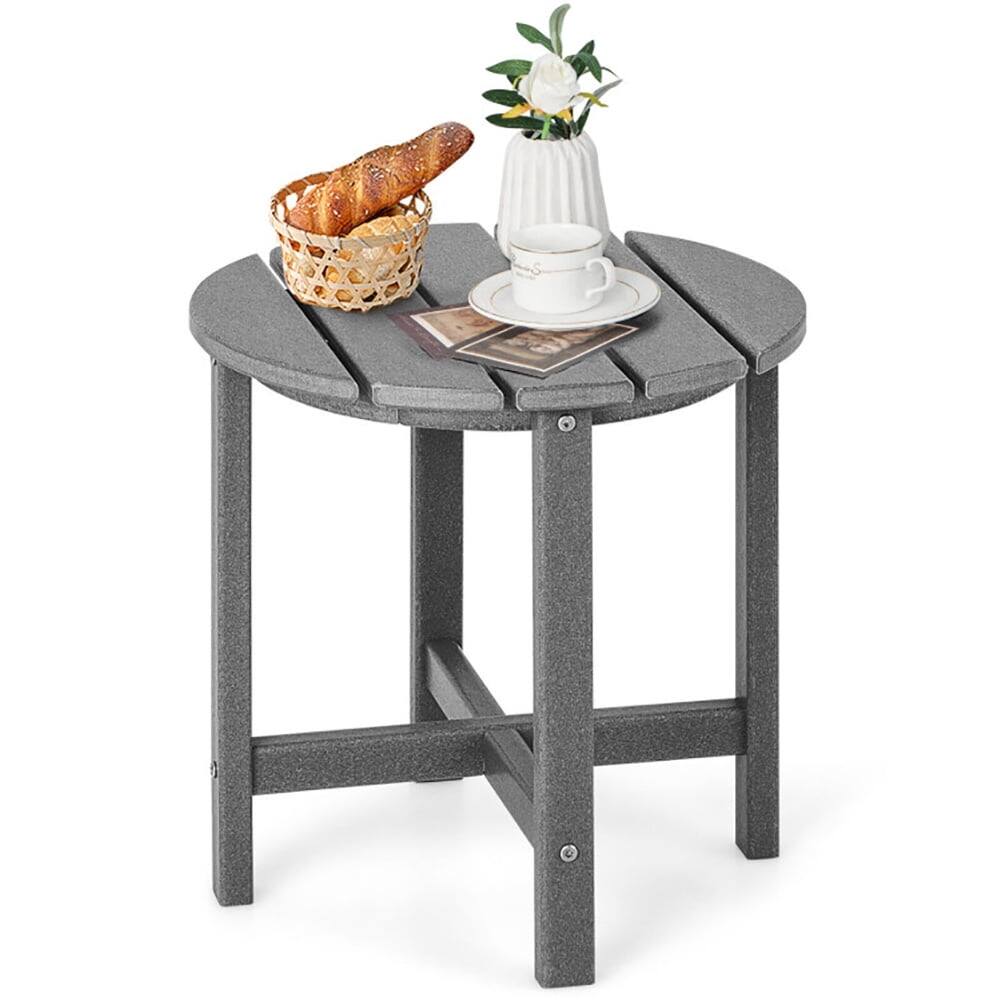 Angle. Kadyn - 18 Inch Round Weather-Resistant Adirondack Side Table-Gray, Slatted Outdoor Coffee Table for Outside Patio Storage - Gray.
