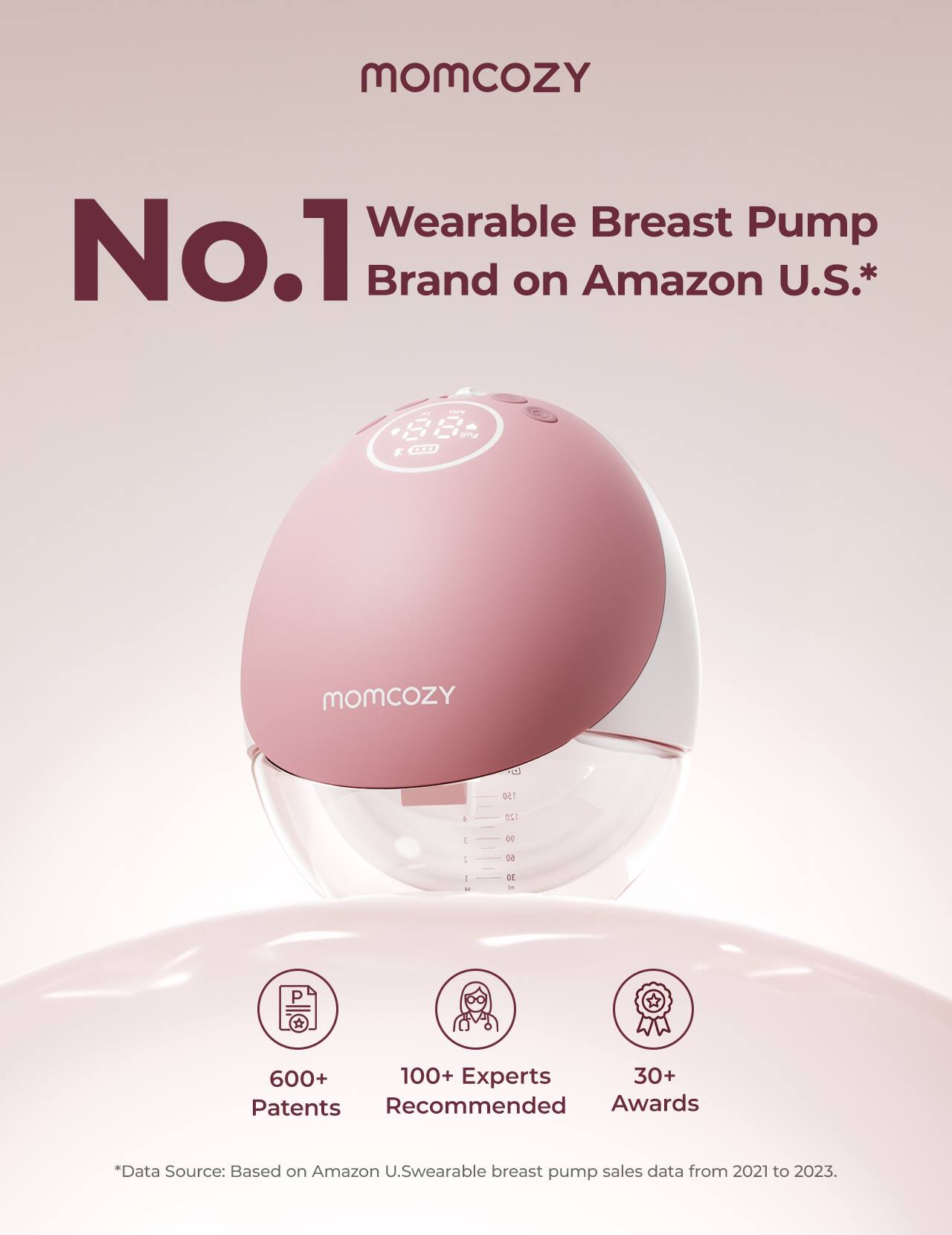 MOmcOZY Wearable Breast Pump No.1 Brand on Amazon U.S.* - 1 $ ..22 an MomcoZY 0 150 I oil 1 DE  oe - - OE - P 600+ 100+ Experts 30+ Patents Recommended Awards *Data Source: Based on Amazon U.Swearable breast pump sales data from 2021 to 2023.