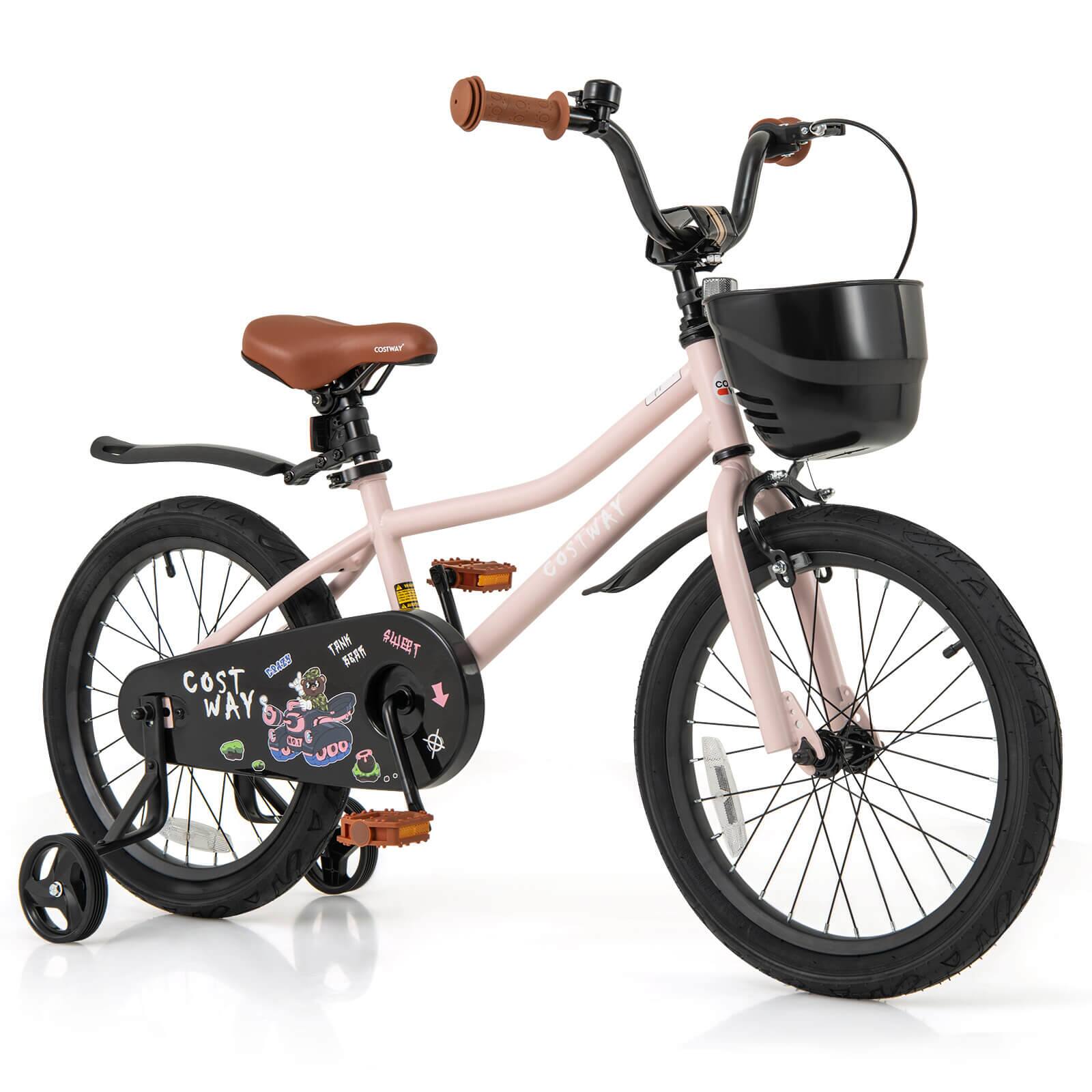 Costway - 18" Kid's Bike with Training Wheels Adjustable Handlebar & Seat Handbrake - Pink