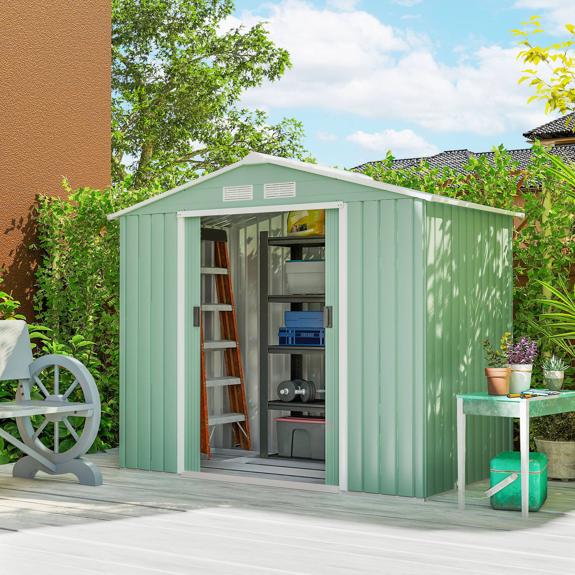Alt View 1. Outsunny - x 4' Outdoor Storage Shed, Garden Tool House w/ Foundation Kit Vents & Sliding Doors for Backyard Patio.