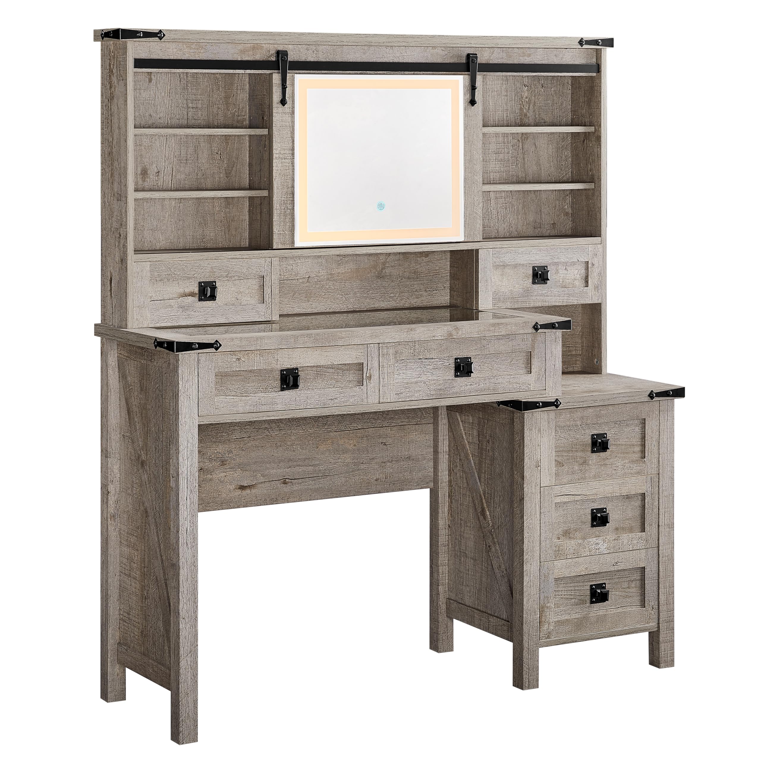 Alt View 2. PO3TICJUNKI3 - 48'' Farmhouse Vanity Desk with LED Mirror, 7 Drawers, Charging Station, Glass Top - Light Rustic Oak.