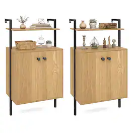 Costway - 2 Pcs Wall Mount Bookshelf with Storage Cabinet, 2-Door Industrial Bookcase - Natural