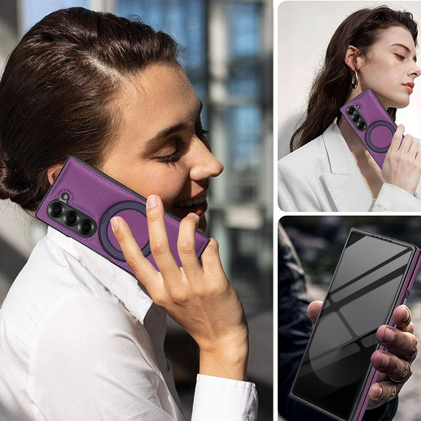 Alt View 4. Dteck - Magnetic Case for Samsung Galaxy Z Fold6 with Ring Kickstand,Built-in Screen Protector,Faux Leather Shockproof Cover - Darkpurple.