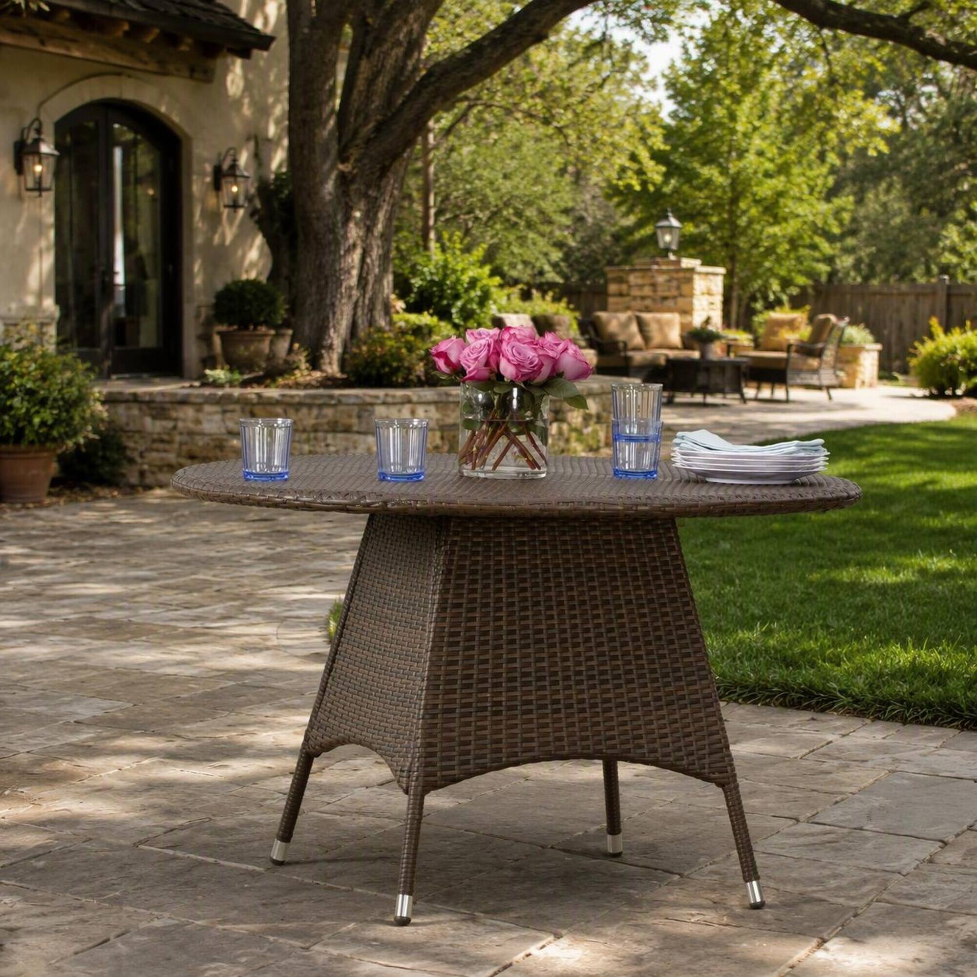 Angle. RYHNUYNE - Dark Brown Wicker Round Patio Dining Table,Weather Resistant Rattan Outdoor Furniture for Garden Deck Porch - Brown.