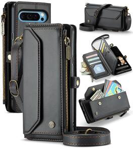 Dteck - Crossbody Wallet Case for Google Pixel 10 Pro XL with 10 Card Slots and Zipper Pocket, RFID Blocking PU Leather Cover - Black