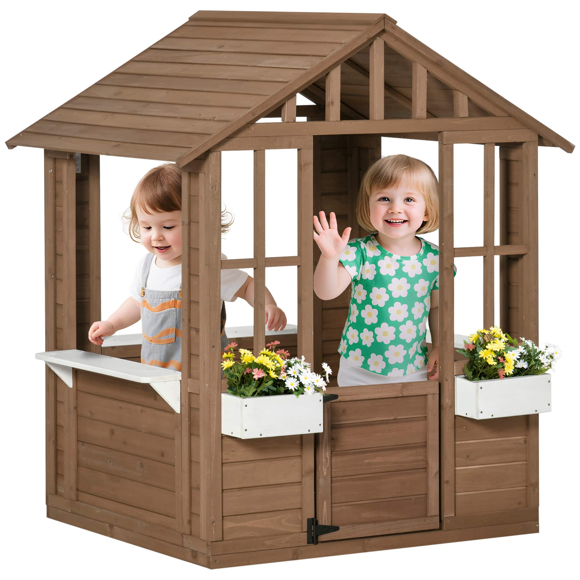 Outsunny - Kids Wooden Playhouse, Outdoor Garden Games Cottage, Working Door, Windows, Flowers Pot Holder, 47" x 38" x 54"