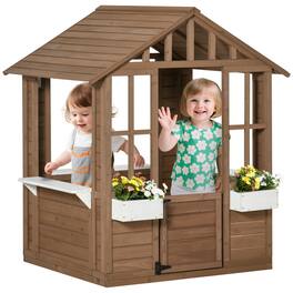 Outsunny - Kids Wooden Playhouse, Outdoor Garden Games Cottage, Working Door, Windows, Flowers Pot Holder, 47" x 38" x 54"