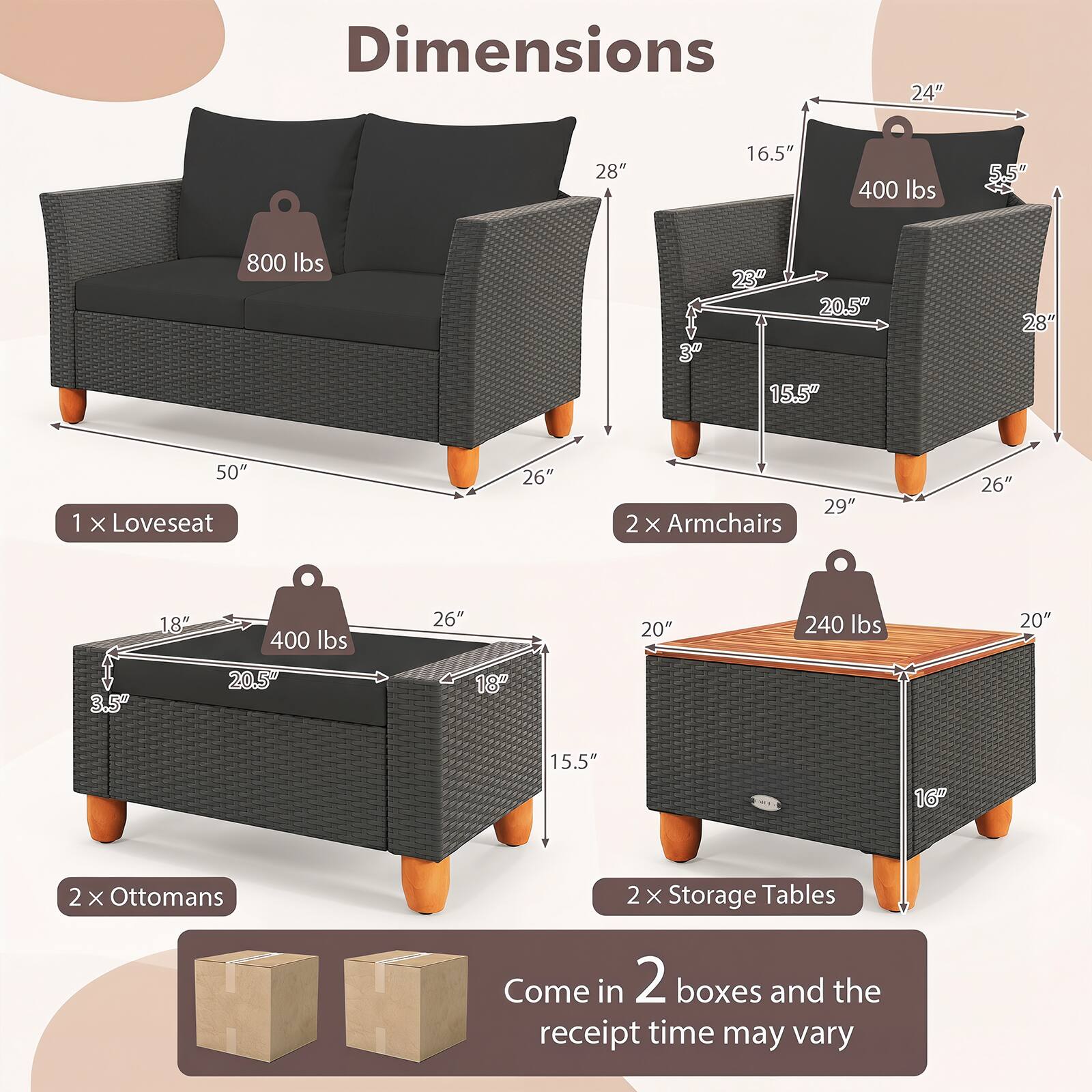 Dimensions

1 x Loveseat
- 50" x 26" x 28"
- 800 lbs

2 x Armchairs
- 24" x 28" x 20.5"
- 400 lbs

2 x Ottomans
- 26" x 20.5" x 18"
- 400 lbs

2 x Storage Tables
- 20" x 20" x 16"
- 240 lbs

Come in 2 boxes and the receipt time may vary