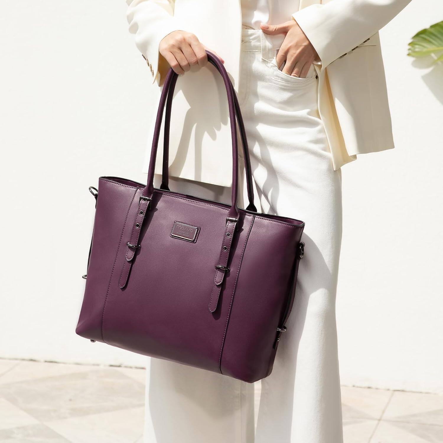 Angle. mosiso - Waterproof PU Leather Laptop Bag for Women 15.6 Inch, Vintage Briefcase Shoulder Tote Computer Bag for Work & Office - Plum.