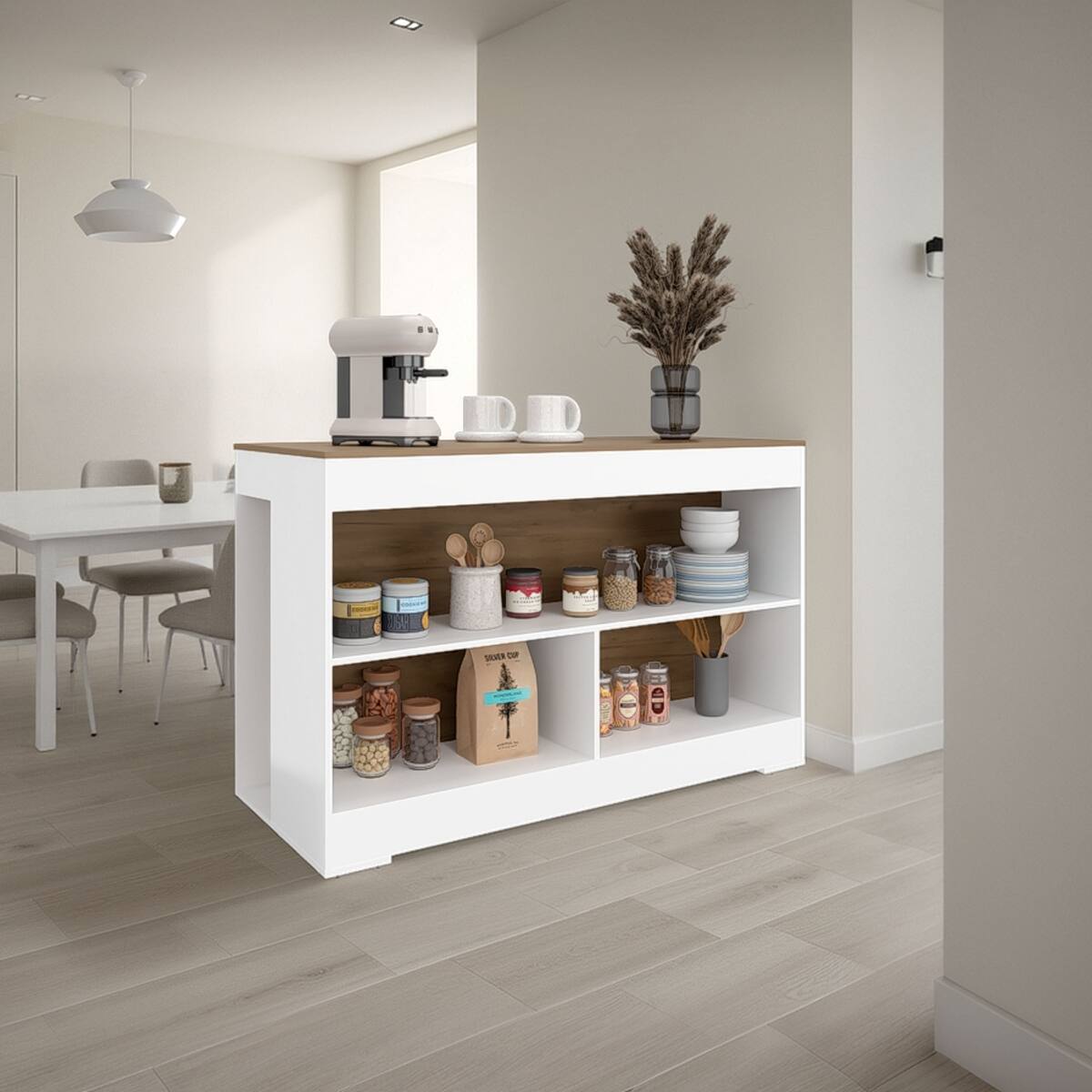 Loheer Kitchen Island with Open Storage White and Natural Oak Finish 54 ...