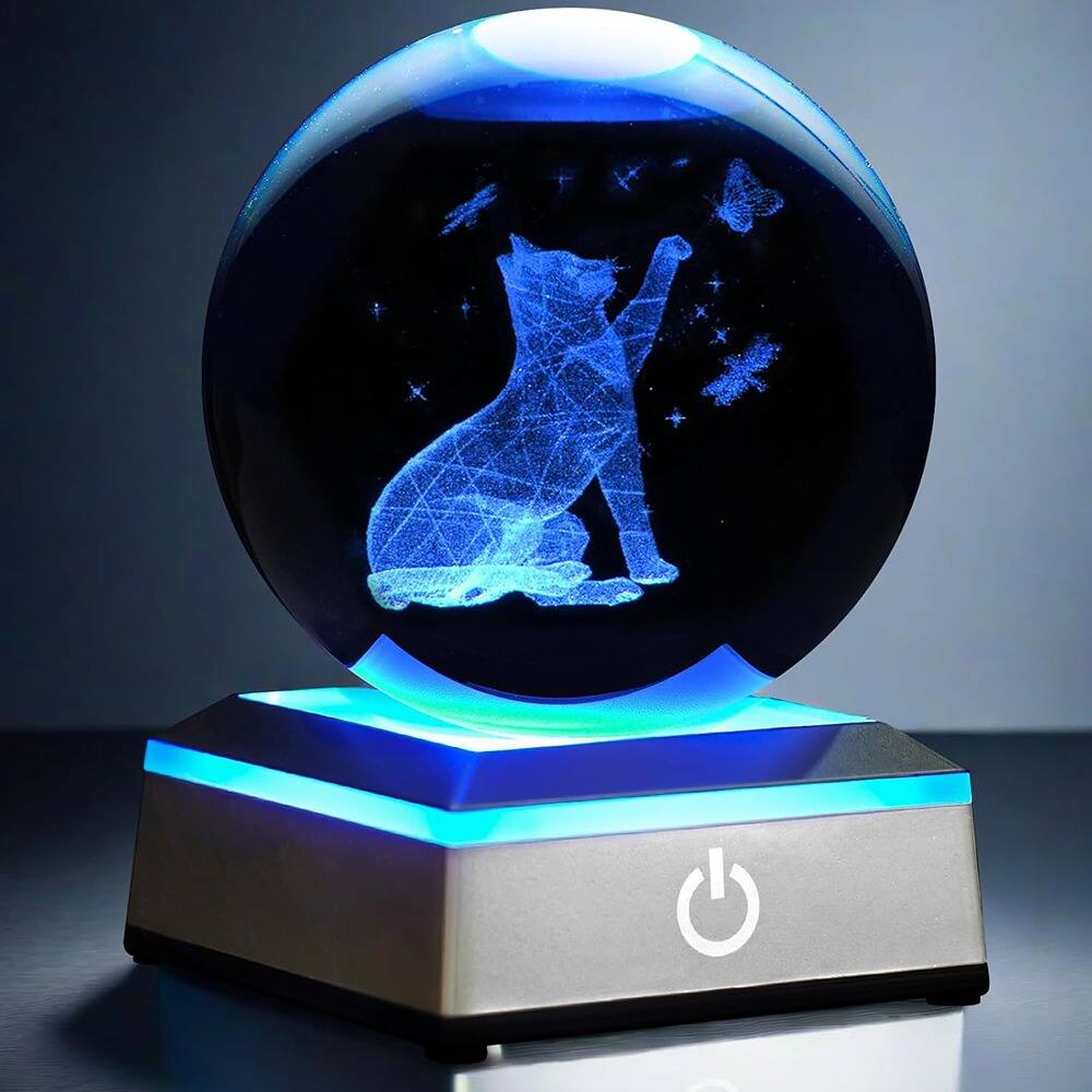 Front. Schertz - 3.15" Crystal Ball Night Light - LED, Touch Base, Cat Figurine, Gift for Cat Lovers.