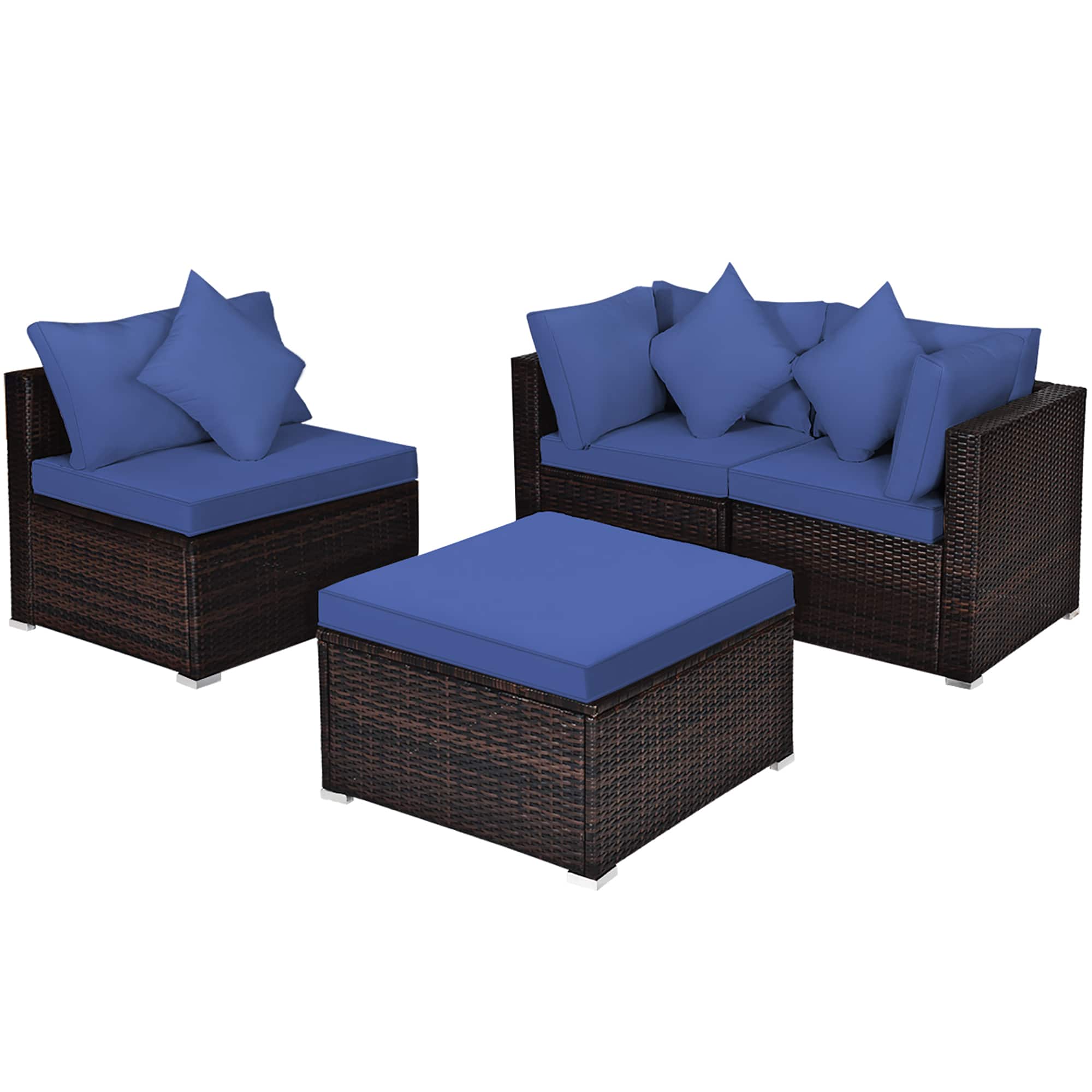 Costway - 4PCS Patio Rattan Furniture Set Sofa Ottoman Cushion Garden Deck - Navy