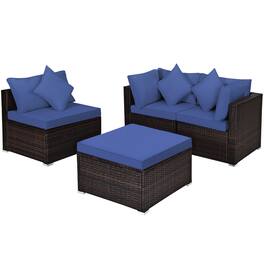 Costway - 4PCS Patio Rattan Furniture Set Sofa Ottoman Cushion Garden Deck - Navy