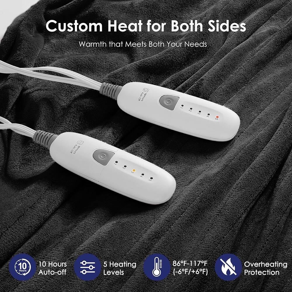 Custom Heat for Both Sides  
Warmth that Meets Both Your Needs  

- 10 Hours Auto-off  
- 5 Heating Levels  
- 86°F-117°F (-6°F/+6°F)  
- Overheating Protection