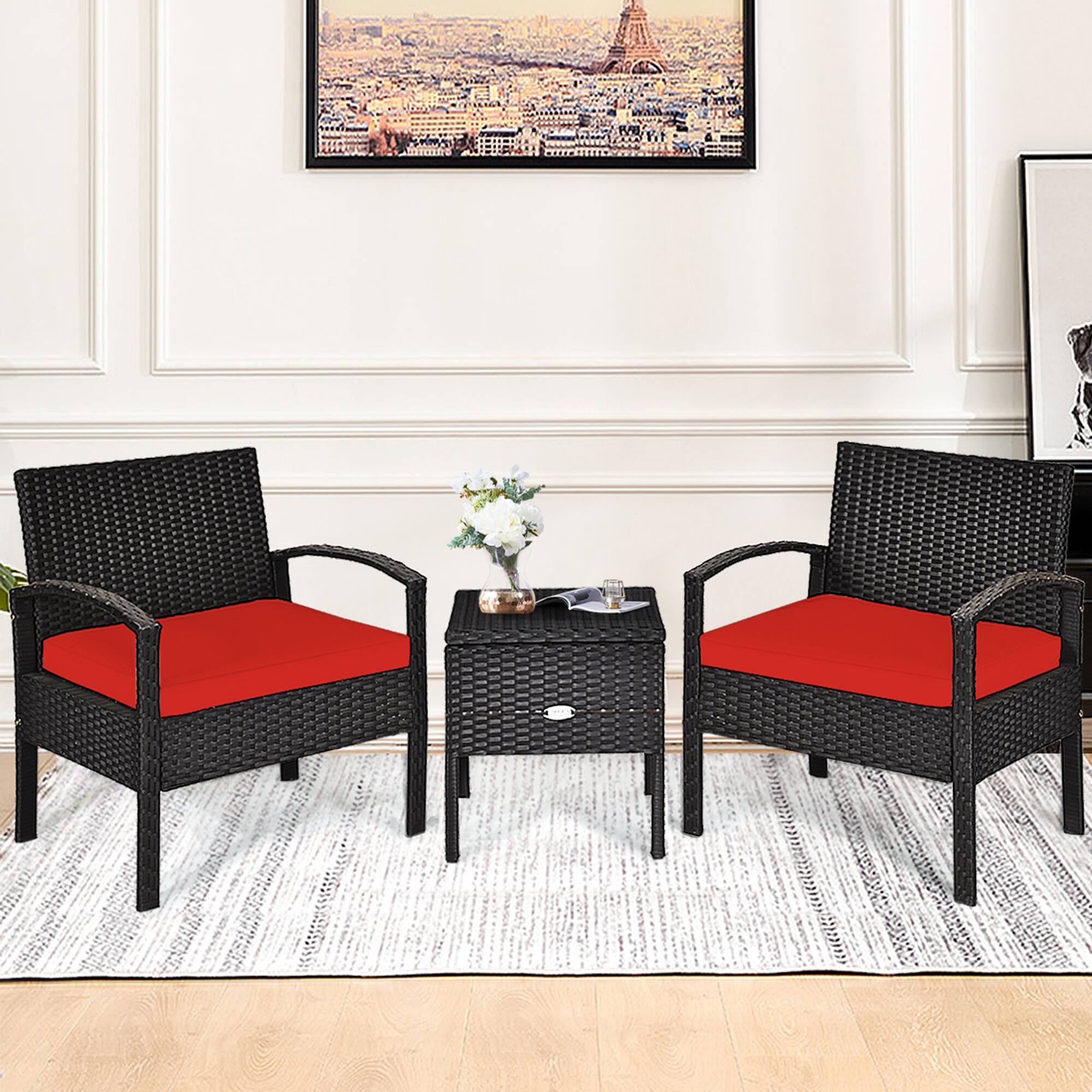 Alt View 3. Gymax - Gymax 3PCS Rattan Patio Conversation Furniture Set w/ Storage Table Red Cushion - Red.