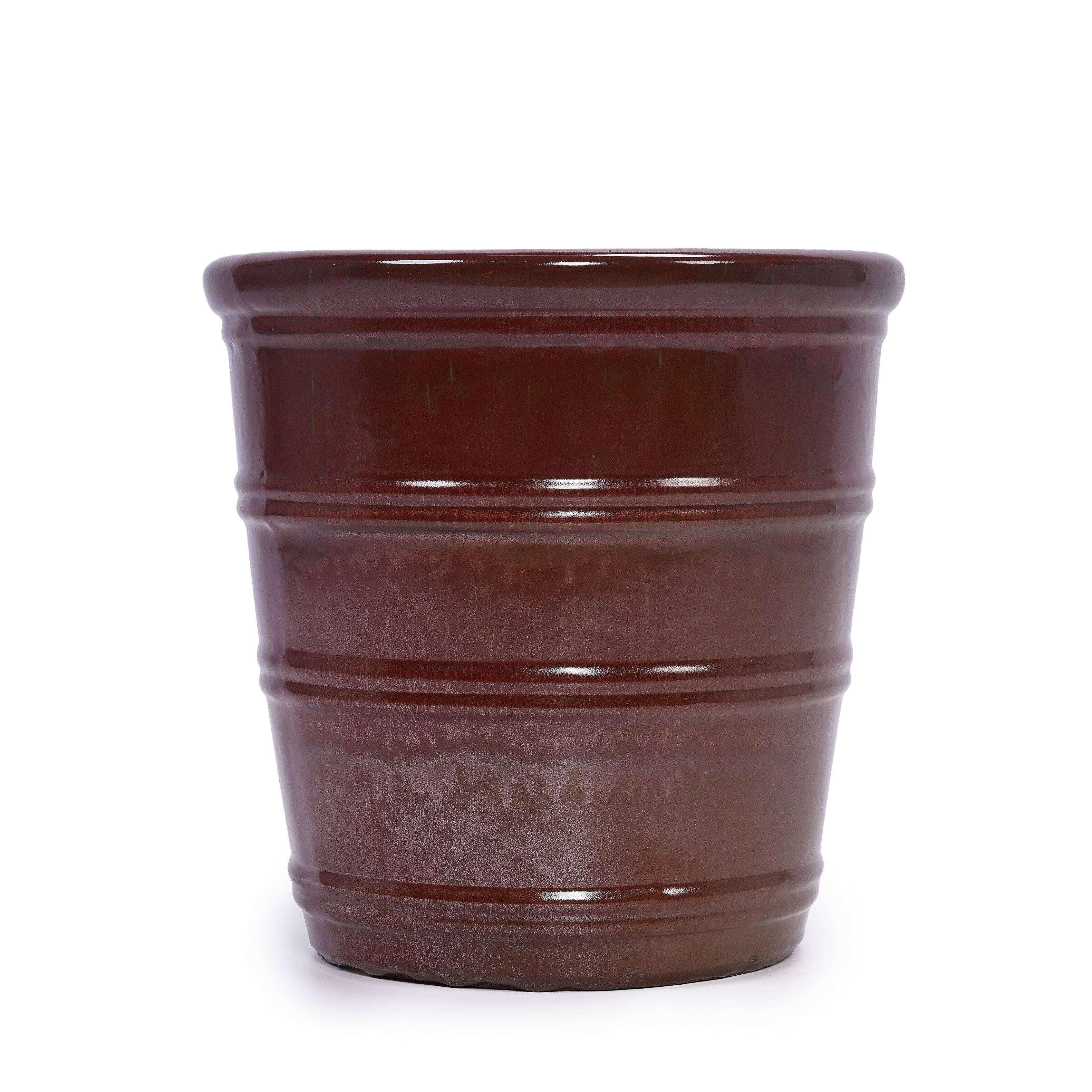 Alt View 4. Loheer - Ceramic Planter Set of 3 Loheer Handmade Glazed Clay Pots Ribbed Deep Reddish Brown for Indoor Outdoor Plants.