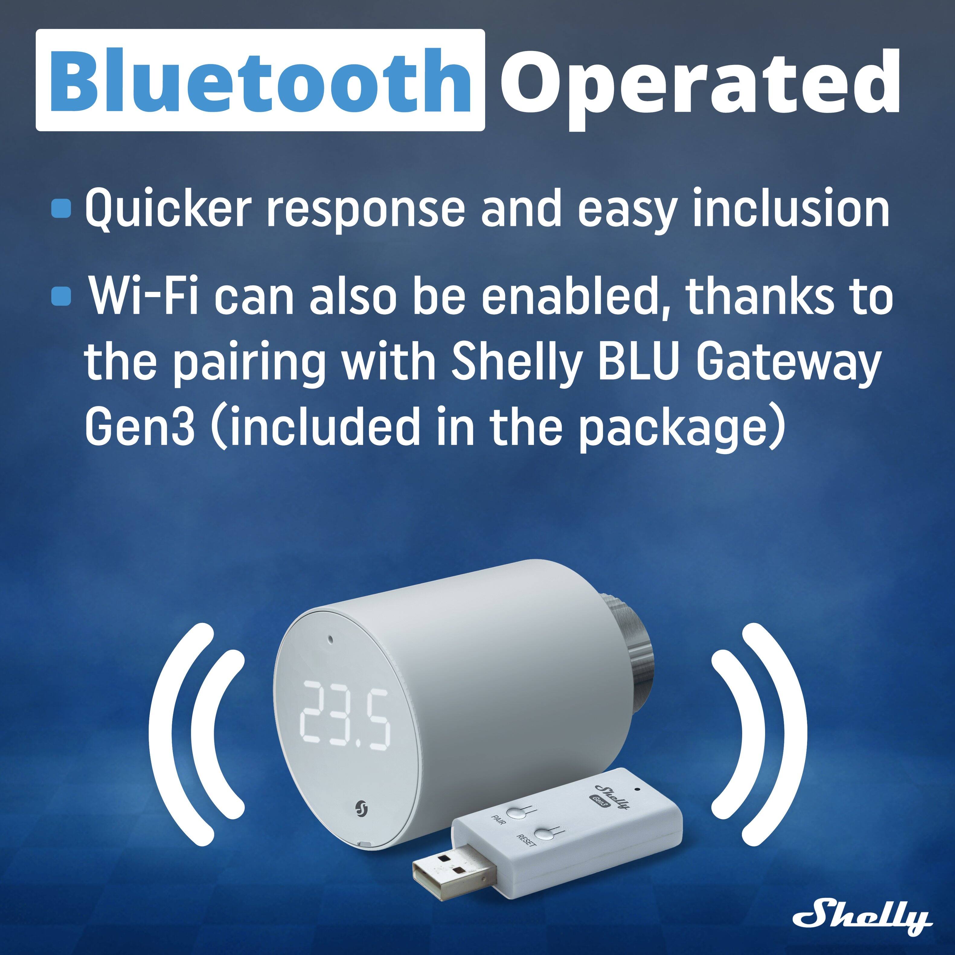 Bluetooth Operated  
- Quicker response and easy inclusion  
- Wi-Fi can also be enabled, thanks to the pairing with Shelly BLU Gateway Gen3 (included in the package)  

23.5 S TR NEST @ Sally Sholly