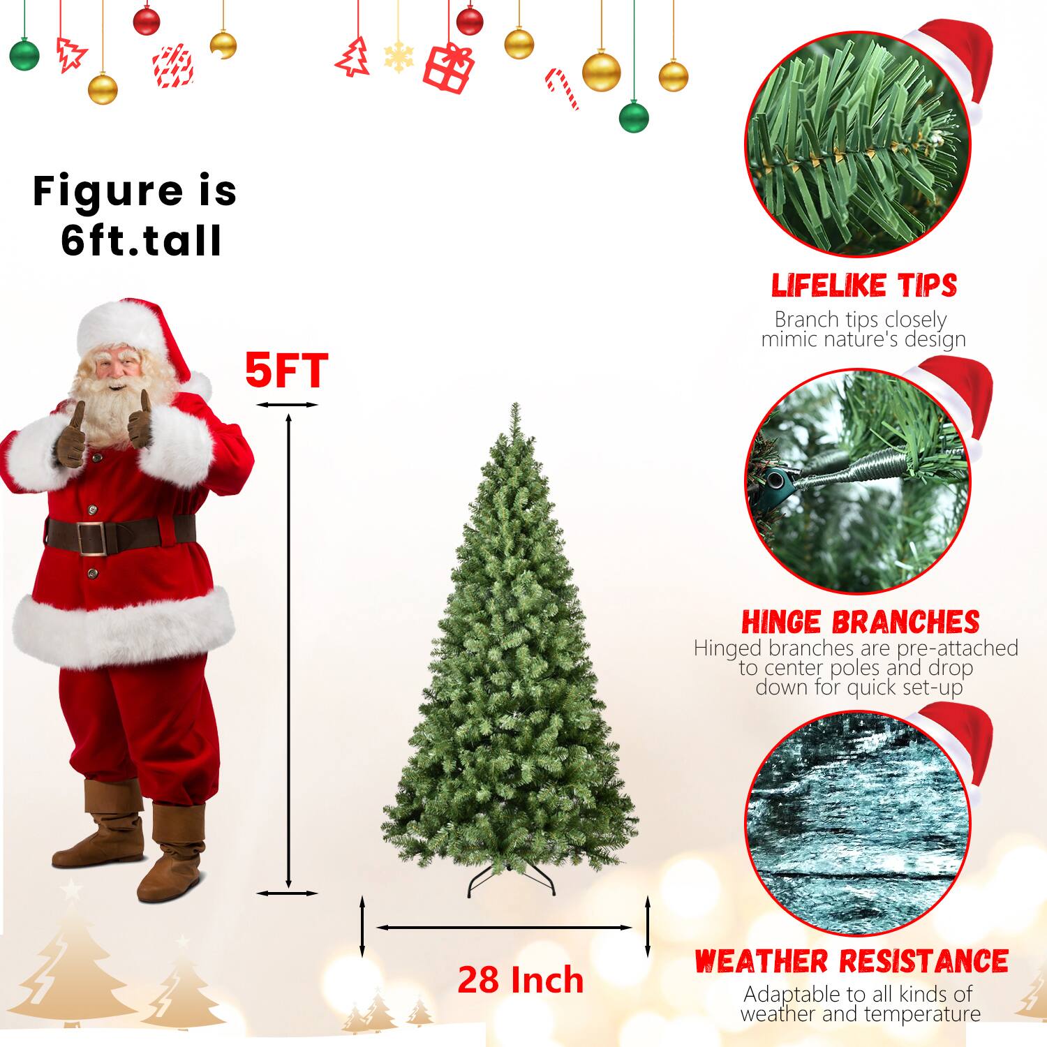 - Figure is 6ft. tall
- 5FT
- 28 Inch
- LIFELIKE TIPS: Branch tips closely mimic nature's design
- HINGE BRANCHES: Hinged branches are pre-attached to center poles and drop down for quick set-up
- WEATHER RESISTANCE: Adaptable to all kinds of weather and temperature