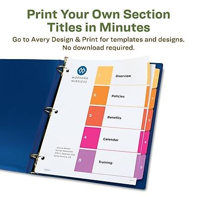 Print Your Own Section Titles in Minutes  
Go to Avery Design & Print for templates and designs. No download required.

1. Overview  
2. Policies  
3. Benefits  
4. Calendar  
5. Training  

Ave CA  
MORVANA WIRELESS