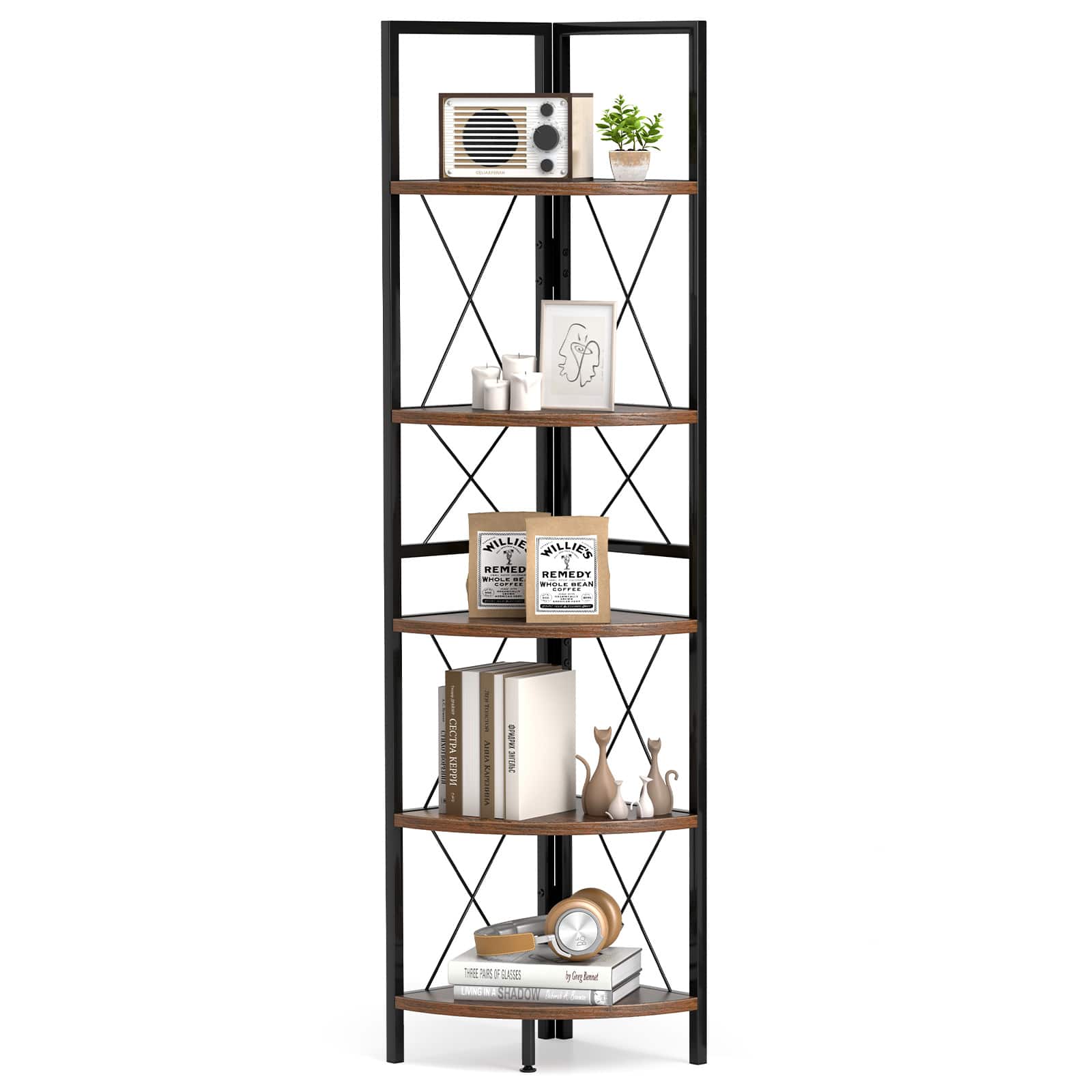Gymax - 5-tier Corner Display Rack Corner Ladder Bookshelf w/ Sturdy Metal Frame Brown & Black - Rustic Brown, Black