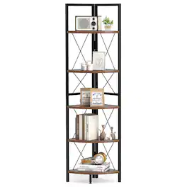 Gymax - 5-tier Corner Display Rack Corner Ladder Bookshelf w/ Sturdy Metal Frame Brown & Black - Rustic Brown, Black