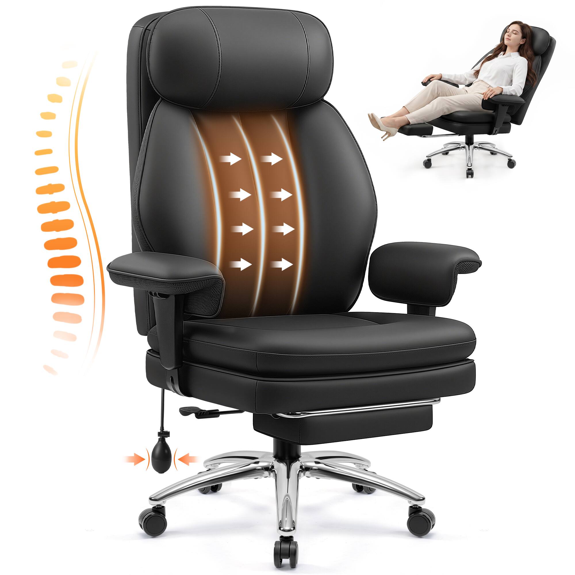 Alt View 5. KERDOM - Ergonomic Office Chair With Inflatable Lumbar & Adjustable Armrest, PU Leather Computer Desk Chair with Footrest - Black.