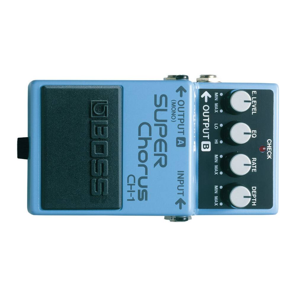 BOSS  
CH-1  
SUPER CHORUS  
(MONO)  
OUTPUT A  
OUTPUT B  
INPUT  
E-LEVEL  
EQ  
RATE  
DEPTH  
CHECK  
MIN MAX  
MIN MAX  
MIN MAX  
MIN MAX  
LO HI