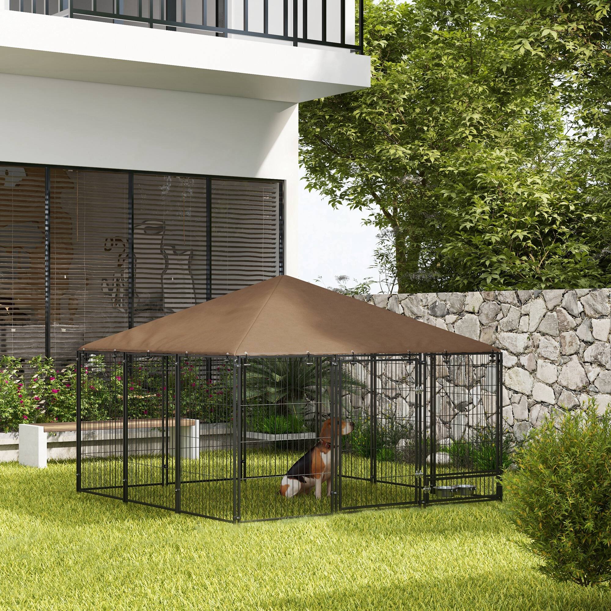 Alt View 1. Pawhut - x 6.9' x 5' Outdoor Dog Kennel with Canopy Garden Playpen Fence Crate Enclosure Cage Rotating Bowl - Brown.